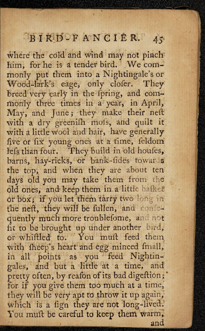 where the cold and wind may not pinch him, for he is a tender bird. We com¬ monly put them into a Nightingale’s or Wood-lark’s cage, only clofer. They breed very early in the fpring, and com¬ monly three times in a year, in April, May, and June; they make their neft with a dry greenifh mofs, and quilt it with a little wool and hair, have generally five or fix young ones at a time, feldom lefs than four. They build in old houfes, barns, hay-ricks, or bank-fides to war .s the top, and when they are about ten days old you may take them from the old ones, and keep them in a little bafket? or box; if you let them tarry two dong in the neft, they will be Mien, an d t ^ i i i ^ quently much more troublefome, an. not fit to be brought up under another bird, or whiffled to. You muft feed them with fheep’s heart and egg minced fmall, in all points as you feed Nightin¬ gales, and but a little at a time, and pretty often, by reafon of its bad digeftidn; * for if you give them too much at a time, they will be very apt to throw it up again, which is a fign they are not long-lived. You mutt be careful to keep them warm, and