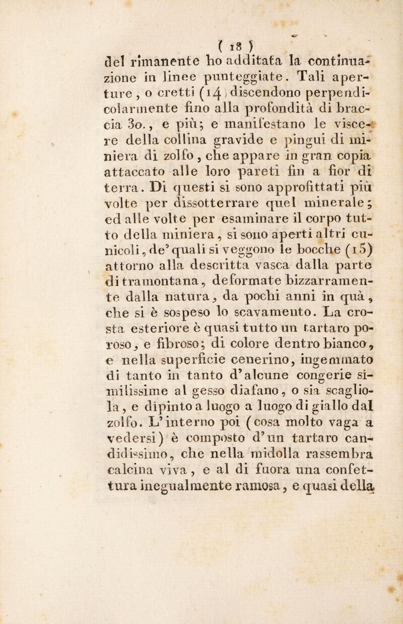 h*\ del rimanente ho additata la continua¬ zione in linee punteggiate. Tali aper¬ ture ? o cretti (14 / discendono perpendi¬ colarmente fino alla profondità di brac¬ cia 3o., e più; e manifestano le visce¬ re della collina gravide e pingui di mi¬ niera di zolfo j che appare in gran copia attaccato alle loro pareti fin a fior di terra. Di questi si sono approfittati più volte per dissotterrare quel minerale; ed alle volte per esaminare il corpo tut¬ to della miniera , si sono aperti altri cu¬ nicoli , de3 quali si veggono le bocche ( 15) attorno alla descritta vasca dalla parte di tramontana, deformate bizzarramen¬ te dalla natura ^ da pochi anni in quà, che si è sospeso lo scavamento. La cro¬ sta esteriore è quasi tutto un tartaro po- 3’oso, e fibroso; di colore dentro bianco, e nella superficie cenerino, ingemmato di tanto in tanto d5 alcune congerie si¬ milissime al gesso diafano, o sia scaglio¬ la , e dipinto a luogo a luogo di giallo dal zolfo. L’interno poi (cosa molto vaga a vedersi) è composto d’un tartaro can¬ didissimo, che nella midolla rassembra calcina viva, e al di fuora una confet¬ tura inegualmente ramosa, e quasi della