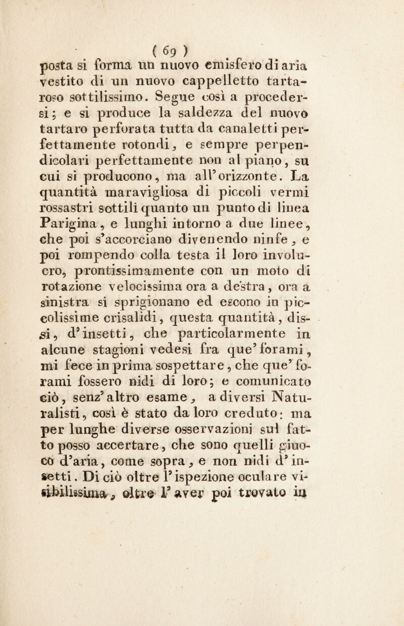 posta si forma un nuovo emisfero di aria vestito di un nuovo cappelletto tarta- roso sottilissimo. Segue così a proceder¬ si ; e si produce la saldezza del nuovo tartaro perforata tutta da canaletti per¬ fettamente rotondi 9 e sempre perpen¬ dicolari perfettamente non al piano, su cui si producono, ma all5orizzonte. La quantità maravigliosa di piccoli vermi rossastri sottili quanto un punto di linea Parigina, e lunghi intorno a due linee, che poi s’accorciano divenendo ninfe ^ e poi rompendo colla testa il loro involu¬ cro, prontissimamente con un moto di rotazione velocissima ora a destra, ora a sinistra si sprigionano ed escono in pic¬ colissime crisalidi, questa quantità, dis¬ isi, d’ insetti, che particolarmente in alcune stagioni vedesi fra que5forami, mi fece in prima sospettare, che que9 fo¬ rami fossero nidi di loro; e comunicato ciò, senz’altro esame, a diversi Natu¬ ralisti, così è stato da loro creduto: ma per lunghe diverse osservazioni sul fat¬ to posso accertare, che sono quelli giuo¬ co d’aria, come sopra ^ e non nidi d’ in¬ setti . Di ciò oltre l’ispezione oculare vi¬ sibilissima P oltre l’aver poi trovato ia