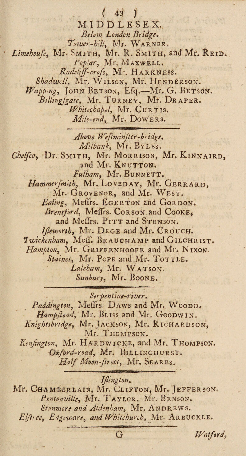 MIDDLESEX.. BeU w London Bridge, ^ower-hilly Mr. Warner. Ltmehoufcy Mr. Smith, Mr. R. Smith, and Mr. Reid. t^op'avy Mr. Maxwell* Raddiff-crofs^ Mr. HaRKNESS. Shadwelly Mr/WiLsoN, Mr. HendErson. JVappingy John Betson, Efq.—Mr. G. Betson. BiUingfgate^ Mr. Turney, Mr. Draper. Whitechapel, Mr. CuRTis. Mde-endy Mr. DoWERS. Above Weftminfter-bridge, Milbayik, Mr. Byles. ‘Dr. Smith, Mr. Morrison, Mr. Kinnaird, and Mr. Knutton. , Fulharny Mr. Bunnett* Hammerfmiihy Mr. Loveday, Mr. Gerrard, Mr. Grovenor, and Mr. West. Ealing, MeflTrs. EgertoN and Gordon^ Brentford, MelTrs. CoRSON and CooKE, and Meffrs. Pitt and Stenson. IJleworihj Mr. Dege and Mr. Crouch. Twickenham, MefT. Beauchamp and Gilchrist. ' Hampton, Mr. Griffenhoofe and Mr. Nixon. Staines, Mr. Pope and Mr. Tottle. Laleham, Mr. Watson. Sunbury, Mr. Boone. Serpentine-river, Paddington, Meffrs. Daws and Mr. WooDD. Hampjlead, Mr. Bliss and Mr. Goodwin. Knightsbridge, Mr. JacKson, Mr. Richardson, Mr. Tl'hompson. Kenfington, Mr. Hardwicke, and Mr. Thompson. Oxford-road, Mr. Billinghurst. Half Moonftreet, Mr, Seares. IJllngton, Mr. Chamberlain, Mr. Clifton, Mr. Jefferson. PentonvHlcy Mr. Taylor, Mr. Benson. Stsinmcre and Aldenham, Mr. Andrews. ElftieCy Edgevjare, and Whitchurch, Mr. ArbUCKLE. G ' ' Watford, \