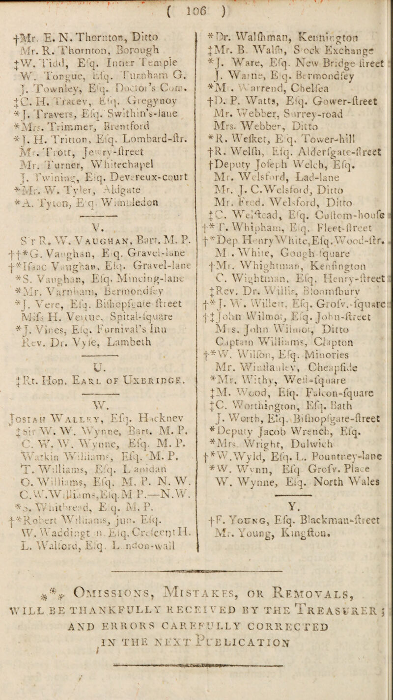 ( 106 ) -f-Mr, E. N. Thcrr.ton, Ditto iVir. R. Thornton, Borough + W.E'q. Inntr Teniple W. Tongue, rur.nhnni G. E Tovvniev, E*q. DoOtoi’s Cwfe. t'C. H. Tfrtiev, Giegynov * [. Tra\’^rs, Eii|. Svvithtn’s-laue *iMr5. Trimmer, Brentford H. Tritton, Bhq. Lombard-dr. I^Ir.Trott, Jeury-itrect Mr. 'rurner, Whitechapel Twining, Eiq. Dev.reux-cqii)t ^ivlr. \¥. Tyler, Ahigate rytoc, E q- WiinLledon V. S r R, Vv'. Vaughan, Barr. AI. P. VGughan, K q, Gravci-lane V.eiigban, K!q. Gravel-lane *S. Vaughan, Elq. Mineing-lane ■^Alr. VariTiuini, liermoncilev ^L Vere, EG. Bi'.hcpilate Iheet h'iifs II. Veuiie. Spital-lquare Vines, Elq. Furnival’s Imi Rev, Di. V> le, Lambeth U. :|;Ilt. Hon. Earl of Lxbridge. VT. Tost A H AV a l l f y , FT]. H tckncv ' W. Wh Wynne, Bart. M. P. C. W. Wh W'vunc, Eiq. M. P. Warkin 'Wddams Eiq. M. P. T. W-^’dliams, Eiq. L anidan O. Williams, Eiq. M. F. N. W. C.''-V.AV;liia[n',Eiq.iM P.—N.W . '^'o. Vv iiit’'ie;'d, E q. F i. P. I '^Robert 'Wiluams, jun. Eiq. W. Waiidin.gt n Eiq. Crc lcet^t 1L L. Waltciu, E.q. L ndon.-uall ■^Dr. WalPnman, Keniiington JMr. B WTIG, S ock Exchange AVare, Efq. New Bridge iireeC J. W'arne, E q. Btrmondfey *AI.. arrend, ChelCea fl). P. Walts, Eiq. Gower-llreet Mr. Webber, Surrey-road Mrs. WTbber, Ditto *R. V elket, E q. Tower-hill fR. Wellh, Eiq. Aiderlgatc-llreet fDe[nity Jofeih Welch, Efq. Mr. Welsh'fd, Lad-lane FTr. J. C-AVelsfoid, Ditto IMr. Vied. WoLford, Ditto jC. We PI: ad, Eiq. Cuilom-houfe r. Whipham, E q. Kleet-llreet f^Dep ITnry'While,Eiq.Wood-ilr, jM .While, Gough Iquare BMi. W'^hightman, Kenfington C. Wightman, Efq. Ilenry-llreet jP-ev. Dr. Wiilir, Bloomdiury f “ J. W. Wilie r, Efq. GrolV.-i'qusre •j'ljohn W'ilmor, Efq. John-itreec JN] s. John Wiiiitoi, Ditto Captain Williams, Clapton f* W. Wilfon, Efq. Minories Mr. Winitanhy, Cheapfivic *i\Ir. Withv, Weli-i'quare Wood, Eiq. Fukon-rquare |C, Wordiington, Efq. Bath J. Worth, Enq-iBilhopigate-flreet ^Deputy Jacob Wrench, Eiq. *Mrs Wright, Dulwich .Wyid, Eiq. L.. Pountney-lane *VV . WTnn, El'q Grol'v. Pla.e W. Wynne, Eiq. North Wales Y. fF. Young, Efq. Blackman-dreet M.. Young, Kmgllon. O-Missioxs, Mistakes, or Removals, VriLL BE THANKFULLY KEOEIVED BY THE iREASVRERj AND ERRORS CAREFULLY CORRECTED IN THE NEXT Publication