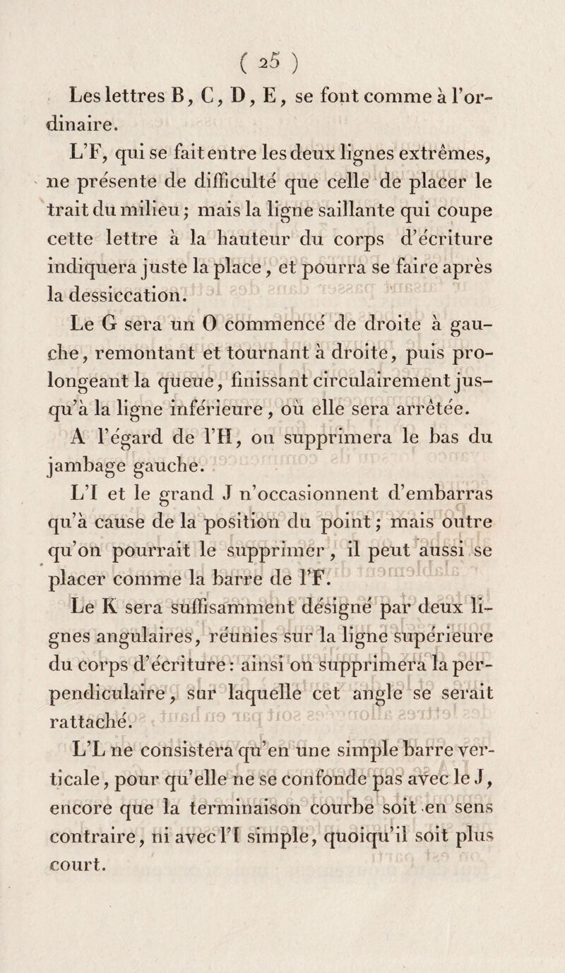 C^5 ) Les lettres B, C, D , E , se font comme à l’or¬ dinaire. L F, qui se fait entre les deux lignes extrêmes, ' ne présente de difficulté que celle de placer le trait du milieu ; mais la ligne saillante qui coupe cette lettre à la hauteur du corps d’écriture indiquera juste la place, et pourra se faire après la dessiccation. Le G sera un 0 commencé de droite à gau¬ che, remontant et tournant à droite, puis pro¬ longeant la queue, finissant circulairement jus¬ qu’à la ligne inférieure, où elle sera arrêtée. A l’égard de l’H, on supprimera le bas du jambage gauche. L’I et le grand J n’occasionnent d’embarras qu’à cause de la position du point ; mais outre qu’on pourrait le supprimer, il peut aussi se placer comme la barre de l’F. Le K sera suffisamment désigné par deux li¬ gnes angulaires, réunies sur la ligne supérieure du corps d’écriture : ainsi on supprimera la per¬ pendiculaire , sur laquelle cet angle se serait rattaché. L’L ne consistera qu’en une simple barre ver- ticale, pour qu’elle ne se confonde pas avec le J, encore que la terminaison courbe soit en sens contraire, ni avec Fl simple, quoiqu’il soit plus court.