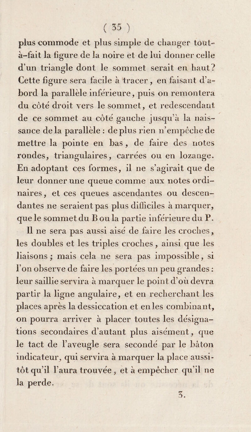 plus commode et plus simple de changer tout- à-fait la figure de la noire et de lui donner celle d’un triangle dont le sommet serait en haut ? Cette figure sera facile à tracer , en faisant d’a¬ bord la parallèle inférieure, puis on remontera du côté droit vers le sommet, et redescendant de ce sommet au côté gauche jusqu’à la nais¬ sance delà parallèle : déplus rien n’empêche de mettre la pointe en bas , de faire des notes rondes, triangulaires, carrées ou en lozange. En adoptant ces formes, il ne s’agirait que de leur donner une queue comme aux notes ordi¬ naires, et ces queues ascendantes ou descen¬ dantes ne seraient pas plus difficiles à marquer, que le sommet du B ou la partie inférieure du F, Il ne sera pas aussi aisé de faire les croches, les doubles et les triples croches, ainsi que les liaisons ; mais cela ne sera pas impossible, si l’on observe de faire les portées un peu grandes : leur saillie servira à marquer le point d’où devra partir la ligne angulaire, et en recherchant les places après la dessiccation et enles combinant, on pourra arriver à placer toutes les désigna¬ tions secondaires d’autant plus aisément, que le tact de l’aveugle sera secondé par le bâton indicateur, qui servira à marquer la place aussi¬ tôt qu’il l’aura trouvée , et à empêcher qu’il ne la perde. 3.