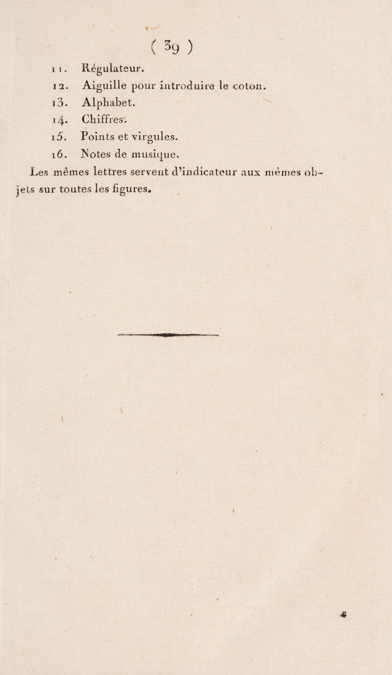 ( 39 ) ï ï . Régulateur. 12. Aiguille pour introduire le coton. î3. Alphabet. 14. Chiffres. 15. Points et virgules. 16. ISTotes de musique. Les mêmes lettres servent d’indicateur aux mêmes ob¬ jets sur toutes les figures. /