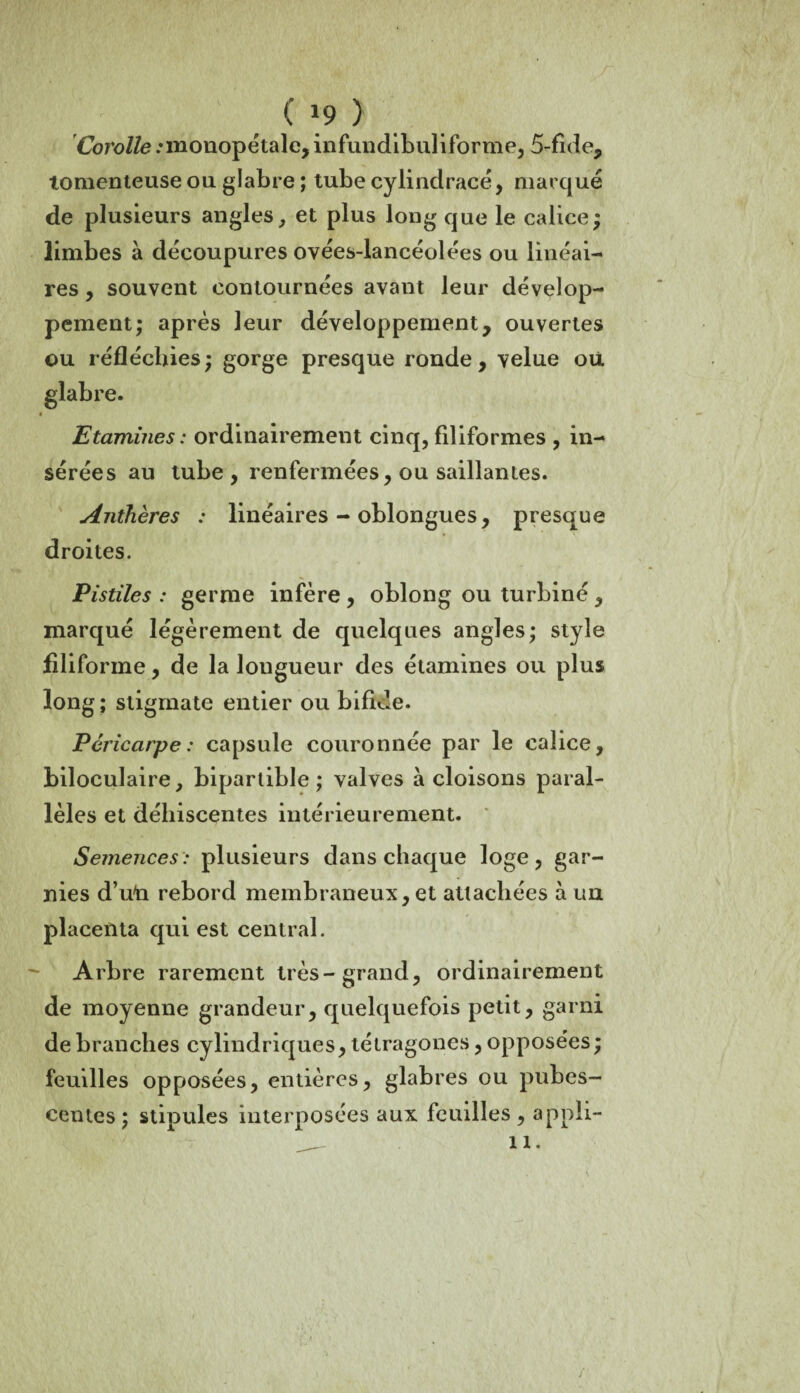 ( *9 } Corolle .rmouopétale, infundibuliforme, 5-fide, lomenteuse ou. glabre ; tube cylindracé, marqué de plusieurs angles, et plus long que le calice; limbes à découpures ovées-lancéolées ou linéai¬ res , souvent contournées avant leur dévelop¬ pement; après leur développement, ouvertes ou réfléchies; gorge presque ronde, velue où glabre. i Etamines : ordinairement cinq, filiformes , in¬ sérées au tube, renfermées, ou saillantes. Anthères : linéaires - oblongues, presque droites. Pistiles : germe infère , oblong ou turbiné , marqué légèrement de quelques angles; style filiforme, de la lougueur des étamines ou plus long; stigmate entier ou bifide. Péricarpe : capsule couronnée par le calice, biloculaire, bipartible ; valves à cloisons paral¬ lèles et déhiscentes intérieurement. Semences: plusieurs dans chaque loge, gar¬ nies d’uli rebord membraneux, et attachées à un placenta qui est central. Arbre rarement très-grand, ordinairement de moyenne grandeur, quelquefois petit, garni de branches cylindriques, tétragones, opposées ; feuilles opposées, entières, glabres ou pubes- centes; stipules interposées aux feuilles , appli-