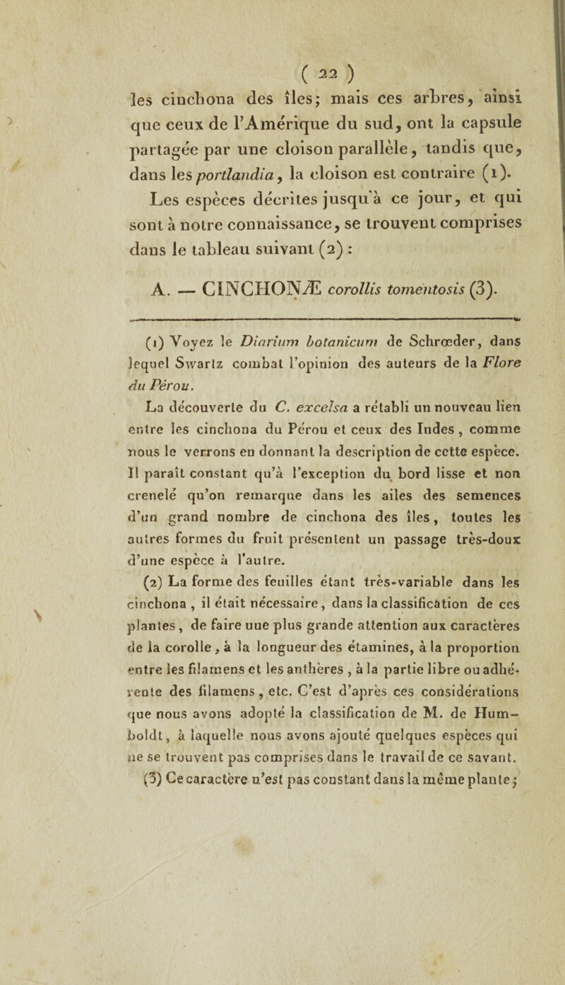 les cinchona des îles; mais ces arbres, ainsi que ceux de l’Amérique du sud, ont la capsule partagée par une cloison parallèle, tandis que, dans les portlandia, la cloison est contraire (1). Les espèces décrites jusqu à ce jour, et qui sont à notre connaissance, se trouvent comprises dans le tableau suivant (2) : À. — CINCHONÆ corollis tomentosis (3). (1) Voyez le Diarium bolanicum de Schrœder, dans lequel Swartz combat l’opinion des auteurs de la Flore du Pérou. La découverte du C. excelsa a rétabli un nouveau lien entre les cinchona du Pérou et ceux des Indes , comme nous le verrons en donnant la description de cette espèce. Il paraît constant qu’à l’exception du bord lisse et non crenelé qu’on remarque dans les ailes des semences d’un grand nombre de cinchona des îles, toutes les autres formes du fruit présentent un passage très-doux d’une espèce à l’autre. (2) La forme des feuilles étant très-variable dans les cinchona , il était nécessaire, dans la classification de ces plantes, de faire uue plus grande attention aux caractères de la corolle , à la longueur des étamines, à la proportion entre les fiîamens et les anthères , à la partie libre ou adhé¬ rente des fiîamens , etc. C’est d’après ces considérations que nous avons adopté la classification de M. de Hum- boldt, à laquelle nous avons ajouté quelques espèces qui ne se trouvent pas comprises dans le travail de ce savant. (3) Ce caractère n’est pas constant dans la meme plante ;