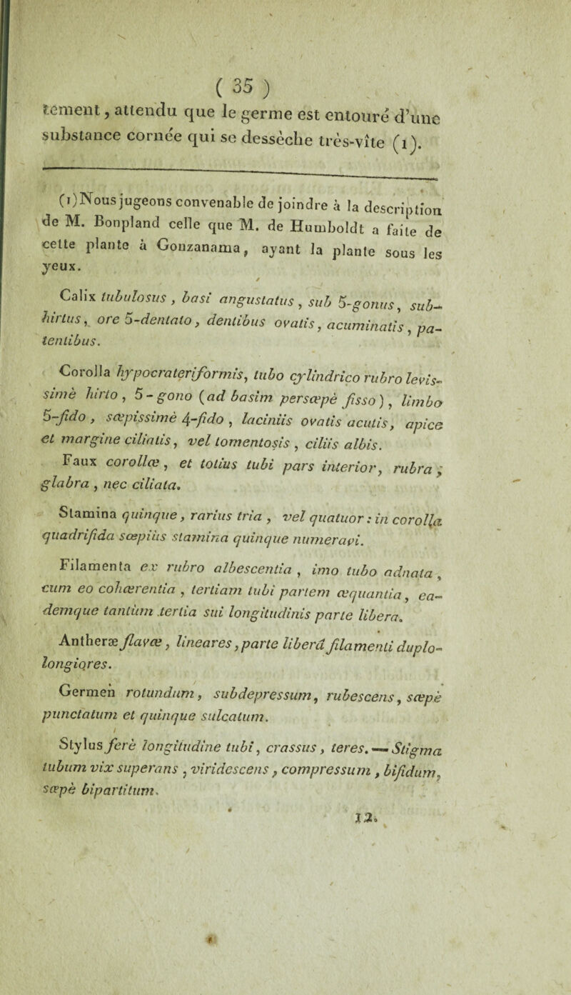 renient, attendu que le germe est entouré d’une substance cornée qui se dessèche très-vite (1). (i)Nous jugeons convenable de joindre à la description de M. Bonpland celle que M. de Humboldt a faite de celte plante à Gonzanama, ayant la plante sous les yeux. Calix lubulosus , hast angustatus, su b S-gonus, sub- hinus, ore 5-dentalo, dentibus ovalis, acuminath, pa- tenlibus. CoroJIa hjpocrateriformis, tubo cjlindrico rubrolévis- simè lurlo , 5-gono (ad b a sim persœpè fisso), limbo 5-Jîdo , s æpis sim è ^-fido , laciniis ovatis acuLis, apice cL margine cihalis, vel tomentosis ? ciliis albis. Faux coiollæ , et totius tubi pars interior, rubra > glabra , nec ciliala. Stamina quinque, rarius tria , vel quatuor : in corolla quadrifida sœpiiis stamina quinque numeraçi. Filamenta ex rubro albescentia , imo tubo adnala, cum eo cohœrentia , tertiam tubi parler» œquantia, demque tantum .terlia sui longitudinis parte libéra. Antheræ/Wœ, lineares, parte libéra filamenli duplo- longiores. Germen rotundum, subdepressum, rubescens, sœpè punctatum et quinque sulcatum. Stylus ferè longitudine tubi, crassus, ter es. — Stigma tubum vix superans , viridescens ? compressum, bifidum. sœpè bipartitum, /