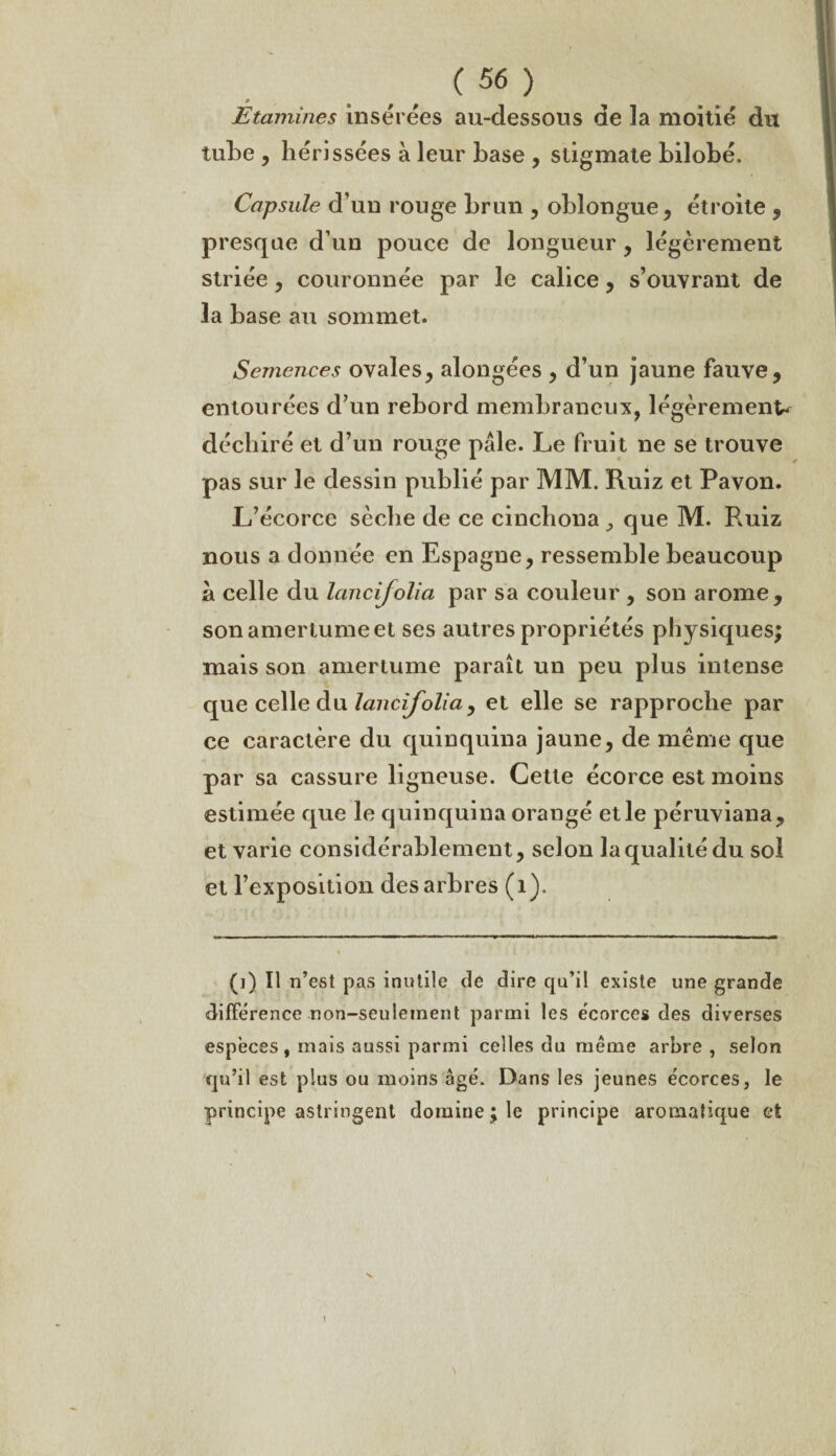 Etamines insérées au-dessous de la moitié du tube , hérissées à leur base , stigmate bilobé. Capsule d’un rouge brun , oblongue, étroite , presque d’un pouce de longueur, légèrement striée, couronnée par le calice , s’ouyrant de la base au sommet. Semences ovales, alongées , d’un jaune fauve, entourées d’un rebord membraneux, légèrement^ déchiré et d’un rouge pâle. Le fruit ne se trouve pas sur le dessin publié par MM. Ruiz et Pavon. L’écorce sèche de ce cinchona que M. Ruiz nous a donnée en Espagne, ressemble beaucoup à celle du lancifolia par sa couleur , son arôme, son amertume et ses autres propriétés physiques; mais son amertume paraît un peu plus intense que celle du lancifolia y et elle se rapproche par ce caractère du quinquina jaune, de même que par sa cassure ligneuse. Cette écorce est moins estimée que le quinquina orangé et le péruviana, et varie considérablement, selon la qualité du sol et l’exposition des arbres (1). (i) Il n’est pas inutile de dire qu’il existe une grande différence non-seulement parmi les écorces des diverses especes, mais aussi parmi celles du même arbre , selon qu’il est plus ou moins âgé. Dans les jeunes écorces, le principe astringent domine ; le principe aromatique et