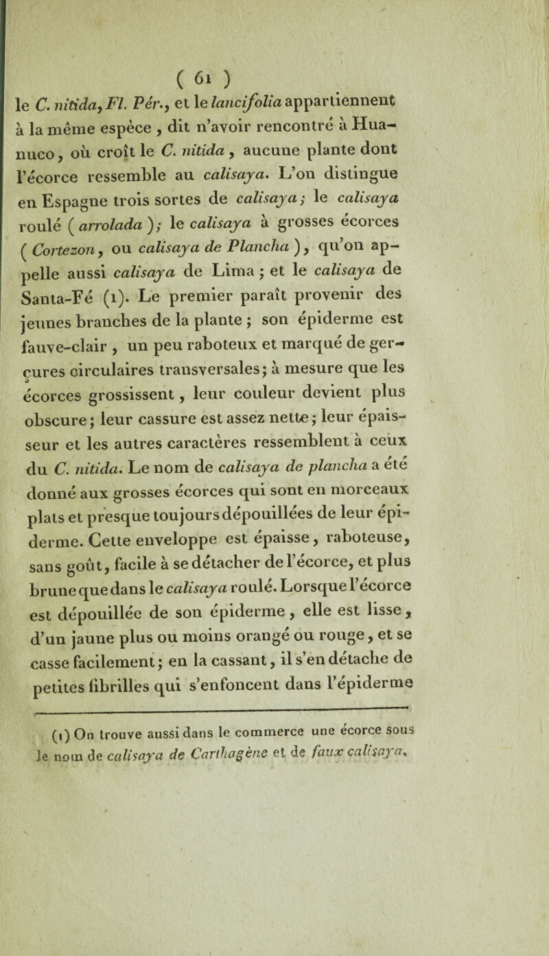 le C. nitida, Fl. Pér., et le lancifolia appartiennent à la même espèce , dit n'avoir rencontré a Hua- nuco, où croît le C. nitida , aucune plante dont l’écorce ressemble au calisaya. L’on distingue en Espagne trois sortes de calisaya; le calisaya roulé ( arrolada le calisaya a grosses écorces ( Cortezon , ou calisaya de Plancha ) , qu’on ap¬ pelle aussi calisaya de Lima ; et le calisaya de Santa-Eé (1). Le premier paraît provenir des jeunes branches de la plante ; son épiderme est fauve-clair , un peu raboteux et marqué de ger¬ çures circulaires transversales; à mesure que les écorces grossissent, leur couleur devient plus obscure ; leur cassure est assez nette ; leur épais¬ seur et les autres caractères ressemblent à ceux du C. nitida. Le nom de calisaya de plancha a été donné aux grosses écorces qui sont en morceaux plats et presque toujours dépouillées de leur épi¬ derme. Cette enveloppe est épaisse, raboteuse, sans goût, facile a se détacher del ecorce, et plus brune que dans le calisaya roule. Lorsque 1 ecorce est dépouillée de son épiderme, elle est lisse, d’un jaune plus ou moins orangé ou rouge, et se casse facilement ; en la cassant, il s’en détache de petites fibrilles qui s’enfoncent dans l’épiderme (i) On trouve aussi dans le commerce une écorce sous je nom de calisaya de Carihagènc et de faux ccihsci) a.