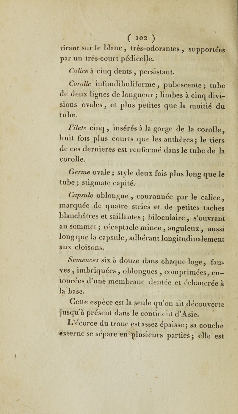 I ( 102 ) tirant sur le blanc , très-odorantes , supportées par un très-court pédicelle. Calice à cinq dents, persistant. Corolle infundibuliforme, pubescenle ; tube de deux lignes de longueur ; limbes à cinq divi¬ sions ovales, et plus petites que la moitié du tube. Filets cinq , insérés a la gorge de la corolle, huit fois plus courts que les anthères; le tiers de ces dernieres est renfermé dans le tube de la corolle. Germe ovale ; style deux fois plus long que le tube ; stigmate capité. Capsule oblongue , couronnée par le calice , marquée de quatre stries et de petites taches blanchâtres et saillantes ; biloculaire , s’ouvrant au sommet ; réceptacle mince , anguleux , aussi long que la capsule, adhérant longitudinalement aux cloisons. Semences six à douze dans chaque loge, fau¬ ves , imbriquées , obîongues , comprimées, en¬ tourées d’une membrane dentée et échancrée à la base. Cette espece est la seule qu on ait découverts jusqu’à présent dans le continent d’Asie. L’écorce du tronc est assez épaisse; sa couche «xterne se sépare en plusieurs parties; elle est