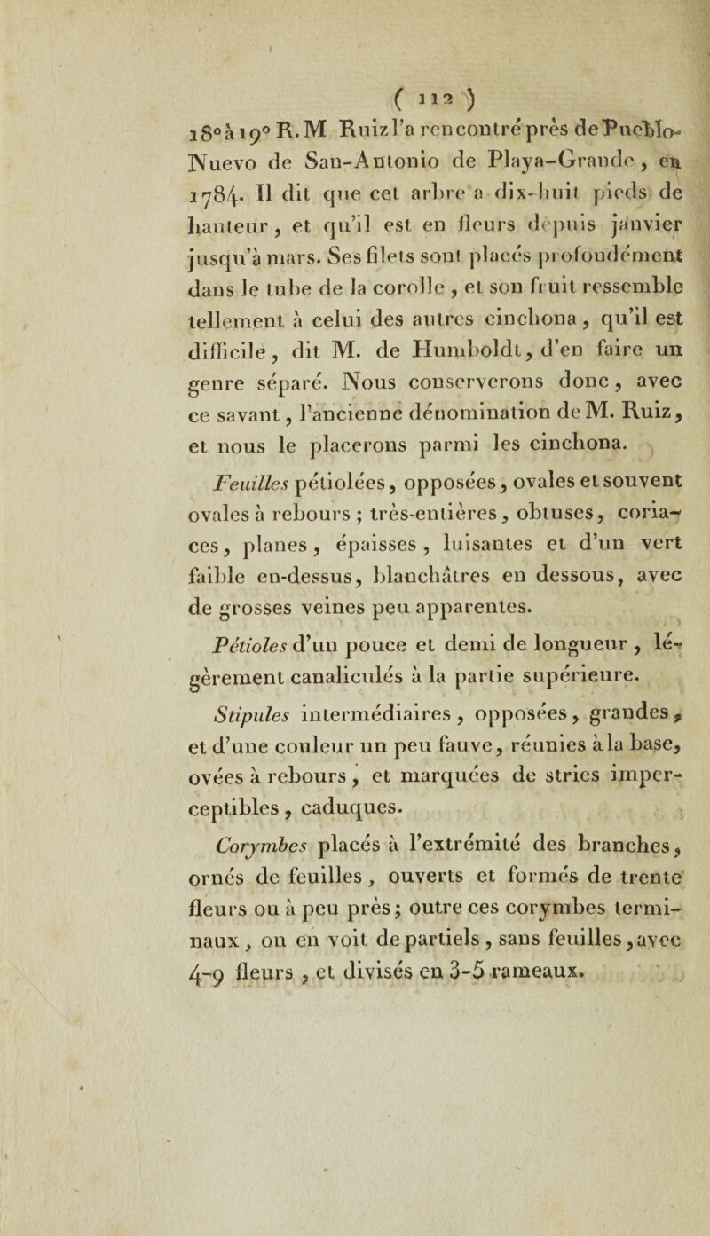 ( 112 ) 28°à 190 R*TVt Ruiz Ta rencontré près dePueblo^ Nuevo de San-Anlonio de Playa-Grande , eu 27B4* H dit que cet arbre a dix-huit pieds de hauteur, et qu’il est en fleurs depuis janvier jusqu’à mars. Ses filets sont placés profondément dans le tube de la corolle , et son fruit ressemble tellement à celui des autres cinchona, qu’il est difficile, dit M. de Humboldt, d’en faire un genre séparé. Nous conserverons donc, avec ce savant, l’ancienne dénomination de M. Ruiz , et nous le placerons parmi les cinchona. Feuilles pétiolées, opposées, ovales et souvent ovales à rebours ; très-entières, obtuses, coria¬ ces, planes, épaisses, luisantes et d’un vert faible en-dessus, blanchâtres en dessous, avec de grosses veines peu apparentes. Pétioles d’un pouce et demi de longueur , lé-> gèrement canaliculés à la partie supérieure. Stipules intermédiaires, opposées, grandes, et d’une couleur un peu fauve, réunies à la base, ovées à rebours , et marquées de stries imper¬ ceptibles , caduques. Corjmbes placés à l’extrémité des branches , ornés de feuilles, ouverts et formés de trente fleurs ou à peu près; outre ces corymbes termi¬ naux , on en voit de partiels, sans feuilles, avec 4-9 fleurs , et divisés en 3-5 rameaux.