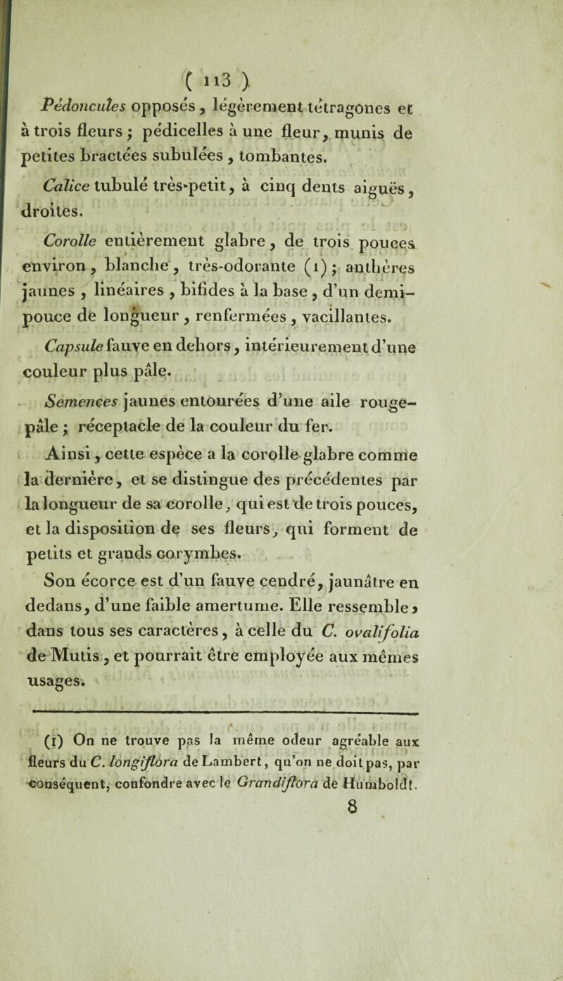 (»»3) Pédoncules opposés , légèrement tétragones et à trois fleurs ; pédicelles à une fleur, munis de petites bractées subulées , tombantes. Calice tubulé lrès*petit, à cinq dents aiguës, droites. Corolle entièrement glabre, de trois pouces environ, blanche, très-odorante (1); anthères jaunes , linéaires , bifides à la base , d’un demi- pouce de longueur , renfermées , vacillantes. Capsule fauve en dehors , intérieurement d’une couleur plus pâle. Semences jaunes entourées d’une aile rouge- pâle ; réceptacle de la couleur du fer. Ainsi , cette espèce a la corolle glabre comme la dernière, et se distingue des précédentes par la longueur de sa corolle, qui est de trois pouces, et la disposition de ses fleurs, qui forment de petits et grands corymbes. Son écorce est d’un fauve cendré, jaunâtre en dedans, d’une faible amertume. Elle ressemble y dans tous ses caractères, à celle du C. ovalifolia de Mutis , et pourrait être employée aux mêmes (i) On ne trouve pas la même odeur agréable aux fleurs du C. longijlora de Lambert, qu’on ne doit pas, par conséquent, confondre avec le Grandijtora de Humboldt. 8