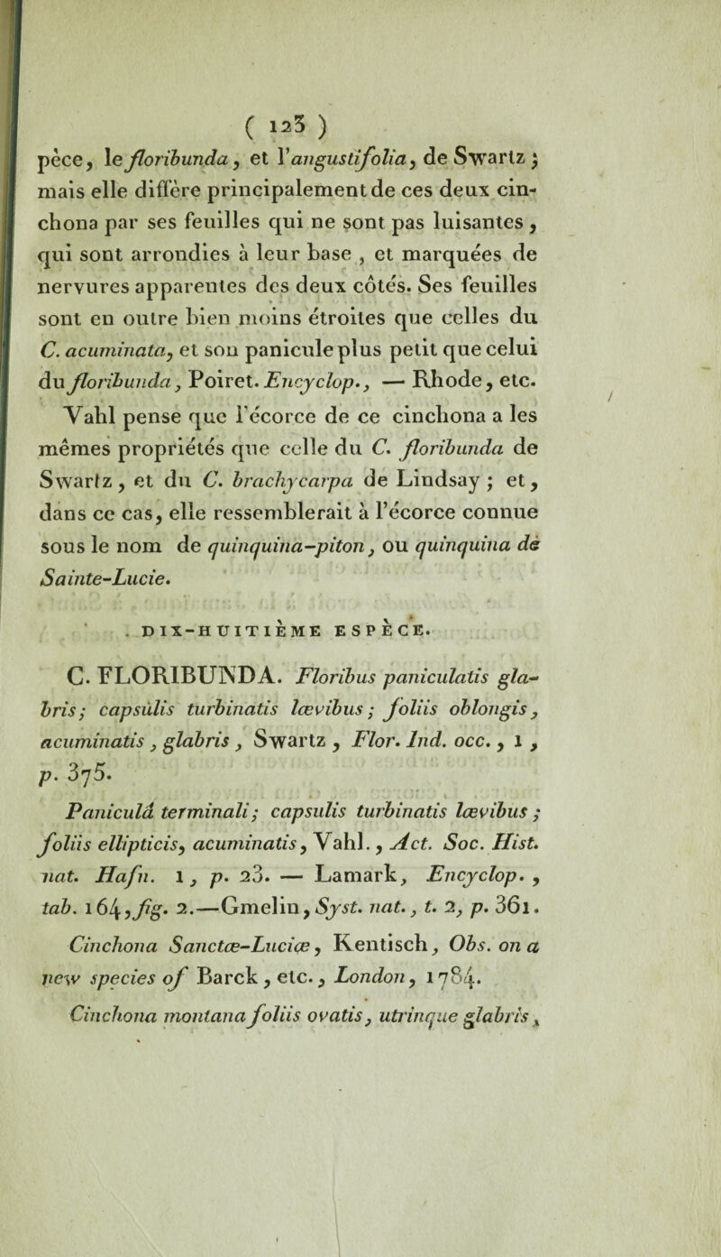 ( 125 ) pèce, le florihunda y et Y an gus tifolia y de Swartz y mais elle diffère principalement de ces deux cin- chona par ses feuilles qui ne sont pas luisantes , qui sont arrondies à leur base , et marquées de nervures apparentes des deux côtés. Ses feuilles sont en outre bien moins étroites que celles du C. acuminatay et son paniculeplus petit que celui du florihunda, Poiret. Fncyclop., —• Rhode, etc. Vahl pense que l'écorce de ce cincliona a les mêmes propriétés que celle du C. florihunda de Swarfz, et du C. hrachycarpa de Lindsay ; et, dans ce cas, elle ressemblerait à l’écorce connue sous le nom de quinquina-piton y ou quinquina dè Sainte'-Lucie. . DIX-HUITIEME ESPECE. C. FLORIBUNDA. Florihus paniculatis gla- h ri s ; capsûlis turhinatis lœvihus ; Joliis ohlongis, acuminatis , glahris , Swartz , Flor. Ind. occ. , 1 , p. 375. I • . - . ■ * .■ ■ vî «. *. >A t « Paniculâ terminali; capsûlis turhinatis lœvihus ; foliis ellipticisy acuminatis y Vahl., A et. Soc. Hist. liât. Ha/11. 1 y p. 23. — Lamark, Encyclop. , tah. \ 6l\yflg. 2.—Gmelin, Syst. nat.} t. 2} p. 36i. Cincliona Sanctœ-Luciœ ? Kentisch, Ohs. on a nc\v species of Barck , etc., London y 1784. Cincliona montana foliis ovatis} utrinque glabres x