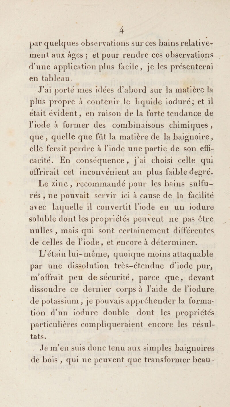 par quelques observations sur ces bains relative¬ ment aux âges ; et pour rendre ces observations d’une application plus facile, je les présenterai en tableau. J’ai porté mes idées d’abord sur la matière la plus propre à contenir le liquide ioduré; et il était évident, en raison de la forte tendance de l’iode à former des combinaisons chimiques , que, quelle que fût la matière de la baignoire , elle ferait perdre à l’iode une partie de son effi¬ cacité. En conséquence, j’ai choisi celle qui offrirait cet inconvénient au plus faible degré. Le zinc, recommandé pour les bains sulfu¬ rés , ne pouvait servir ici à cause de la facilité avec laquelle il convertit l’iode en un iodure soluble dont les propriétés peuvent ne pas être milles , mais qui sont certainement différentes de celles de l’iode, et encore à déterminer. L’étain lui-mcme, quoique moins attaquable par une dissolution très-étendue d iode pur, m’offrait peu de sécurité, parce que, devant dissoudre ce dernier corps à l’aide de l’iodure de potassium, je pouvais appréhender la forma¬ tion d’un iodure double dont les propriétés particulières compliqueraient encore les résul¬ tats. Je m’en suis donc tenu aux simples baignoires de bois , qui ne peuvent que transformer beau-