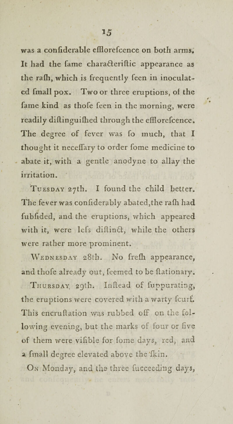 was a confiderable efflorefcence on both arms. It had the fame chara£leriftic appearance as the rafh, which is frequently feen in inoculat¬ ed fmall pox. Two or three eruptions, of the fame kind as thofe feen in the morning, were readily diflinguifhed through the efflorefcence. The degree of fever was fo much, that I thought it neceffary to order fome medicine to abate it, with a gentle anodyne to allay the irritation. Tuesday 27th. I found the child better. The fever was confiderably abated,the rafii had fubfided, and the eruptions, which appeared with it, were lefs diflindi, while the others were rather more prominent. Wednesday 28th. No frefh appearance, and thofe already out, feemed to be flationary. Thursday, 29th. Inflead of fuppurating, the eruptions were covered with a warty fcurf. This encruRation was rubbed off on the fol¬ lowing evening, but the marks of four or five of them were vifible for fome days, red, and a fmall degree elevated above the 'ilcin. On Monday, and the three fucceeding days,
