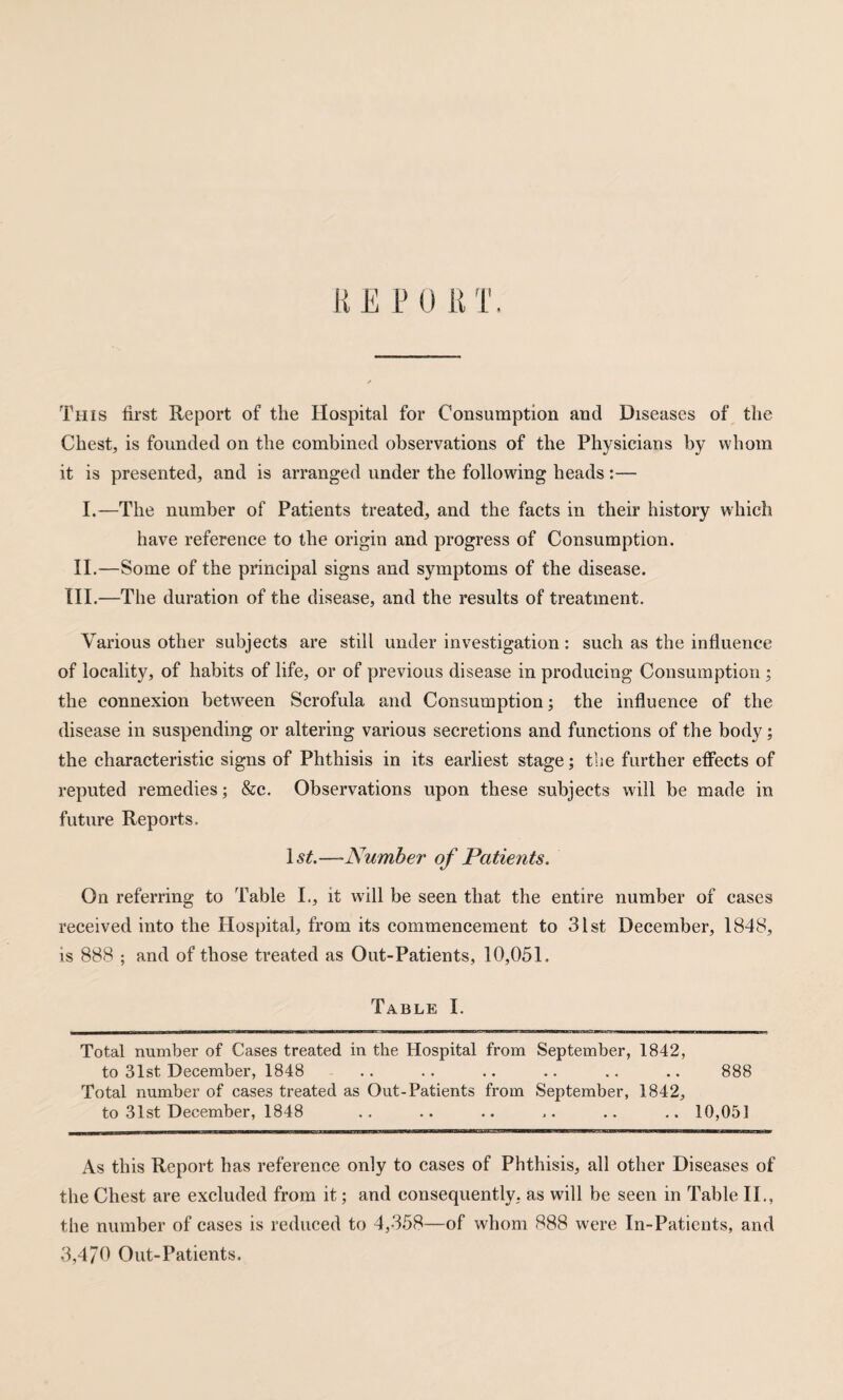 1{ E P 0 U T. This first Report of the Hospital for Consumption and Diseases of the Chest, is founded on the combined observations of the Physicians by whom it is presented, and is arranged under the following heads :— I.—The number of Patients treated, and the facts in their history which have reference to the origin and progress of Consumption. II.—Some of the principal signs and symptoms of the disease. III.—The duration of the disease, and the results of treatment. Various other subjects are still under investigation: such as the influence of locality, of habits of life, or of previous disease in producing Consumption; the connexion between Scrofula and Consumption; the influence of the disease in suspending or altering various secretions and functions of the body; the characteristic signs of Phthisis in its earliest stage; the further effects of reputed remedies; &c. Observations upon these subjects will be made in future Reports. 1st.—Number of Patients. On referring to Table L, it will be seen that the entire number of cases received into the Hospital, from its commencement to 31st December, 1848, is 888 ; and of those treated as Out-Patients, 10,051. Table I. Total number of Cases treated in the Hospital from September, 1842, to 31st December, 1848 .. .. .. .. .. .. 888 Total number of cases treated as Out-Patients from September, 1842, to 31st December, 1848 .. .. .. ,. .. .. 10,051 As this Report has reference only to cases of Phthisis, all other Diseases of the Chest are excluded from it; and consequently, as will be seen in Table II., the number of cases is reduced to 4,358—of whom 888 were In-Patients, and 3,470 Out-Patients.