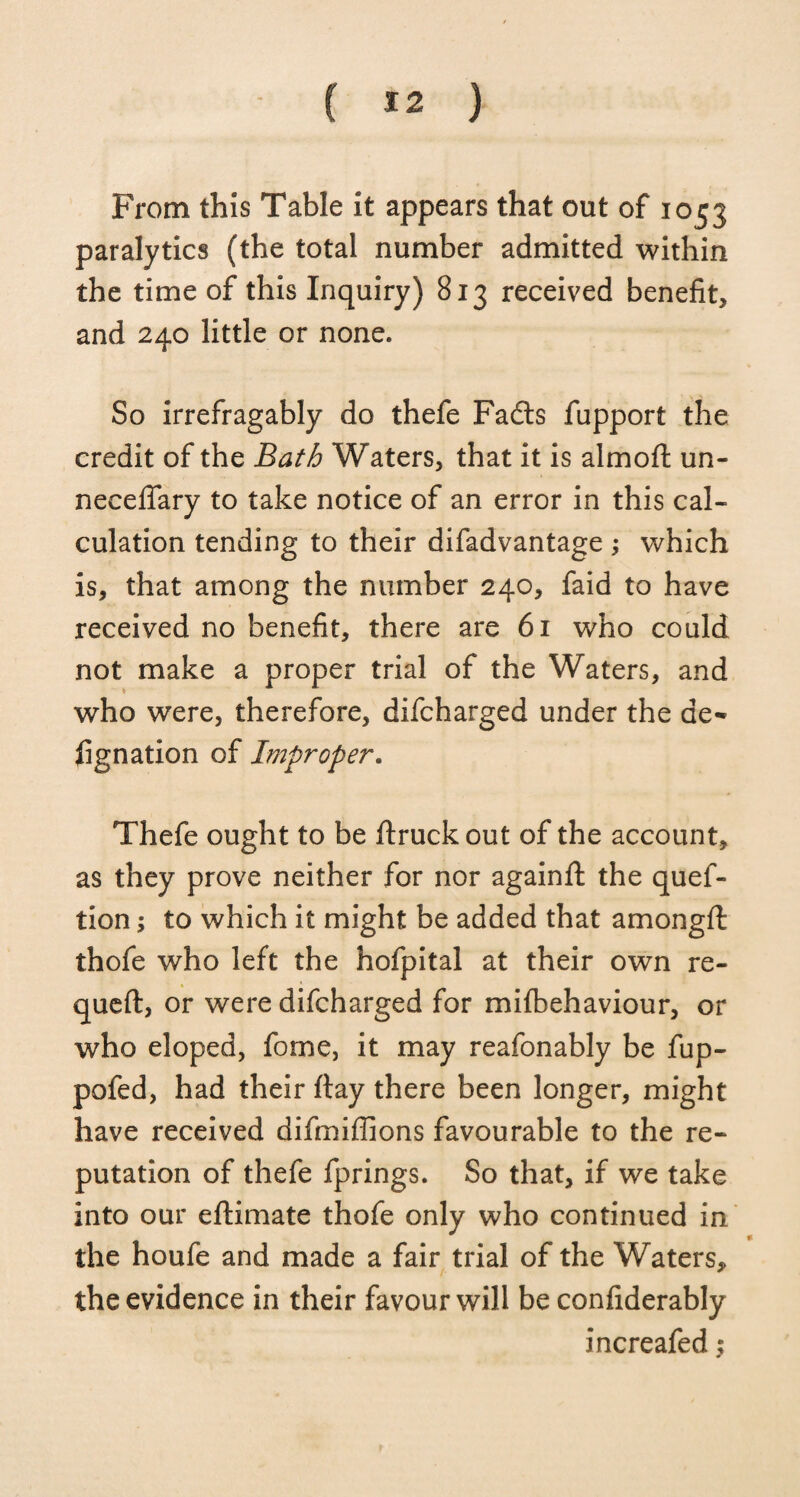 From this Table it appears that out of 10^3 paralytics (the total number admitted within the time of this Inquiry) 813 received benefit, and 240 little or none. So irrefragably do thefe Fadls fupport the credit of the Bath Waters, that it is almoft un¬ necessary to take notice of an error in this cal¬ culation tending to their disadvantage ; which is, that among the number 240, faid to have received no benefit, there are 61 who could not make a proper trial of the Waters, and who were, therefore, difcharged under the ae* fignation of Improper, Thefe ought to be ftruck out of the account, as they prove neither for nor againft the quef- tion; to which it might be added that amongft thofe who left the hofpital at their own re- queft, or were difcharged for mifbehaviour, or who eloped, fome, it may reafonably be fup- pofed, had their flay there been longer, might have received difmiffions favourable to the re¬ putation of thefe Springs. So that, if we take into our eftimate thofe only who continued in the houfe and made a fair trial of the Waters, the evidence in their favour will be considerably increafed ,•