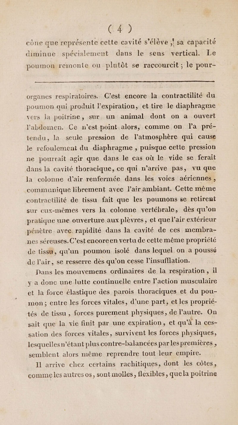 cône que représente cette cavité s’élève ;! sa capacité diminue spécialement dans le sens vertical. Le poumon remonte ou plutôt se raccourcit ; le pour- organes respiratoires. C’est encore la contractilité du pounion qui produit Pexpiration, et tire le diaphragme vers la poitrine, sur un animal dont on a ouvert l'abdomen. Ce n’est point alors, comme on la pré- tendu, la seule pression de latmosphère qui cause le refoulement du diaphragme , puisque cette pression ne pourrait agir que dans le cas où le vide se ferait dans la cavité thoracique, ce qui n’arrive pas, vu que la colonne d'air renfermée dans les voies aériennes , communique librement avec l’air ambiant. Cette même contractilité de tissu fait que les poumons se retirent sur eux-mêmes vers la colonne vertébrale, dès qu’on pratique une ouverture aux plèvres, et que l'air extérieur pénètre . avec. rapidité dans la cavité de ces membra- nes séreuses. C’est encore en vertu de cette même propriété de tissu, qu'un poumon isolé dans lequel on a poussé de l'air, se resserre dès qu’on cesse l’insufflation. Dans les mouvemens ordinaires de la respiration, il y a donc une lutte continuelle entre l’action musculaire et la force élastique des parois thoraciques et du pou- mon ; entre les forces vitales, d’une part, et les proprié- tés de tissu , forces purement physiques, de l’autre. On sait que la vie finit par une expiration, et qu’à la ces- sation des forces vitales, survivent les forces physiques, lesquelles n’étant plus contre-balancées par les premières , semblent alors même reprendre tout leur empire. Il arrive chez certains rachitiques, dont les côtes, comme les autres os, sont molles, flexibles, quela poitrine