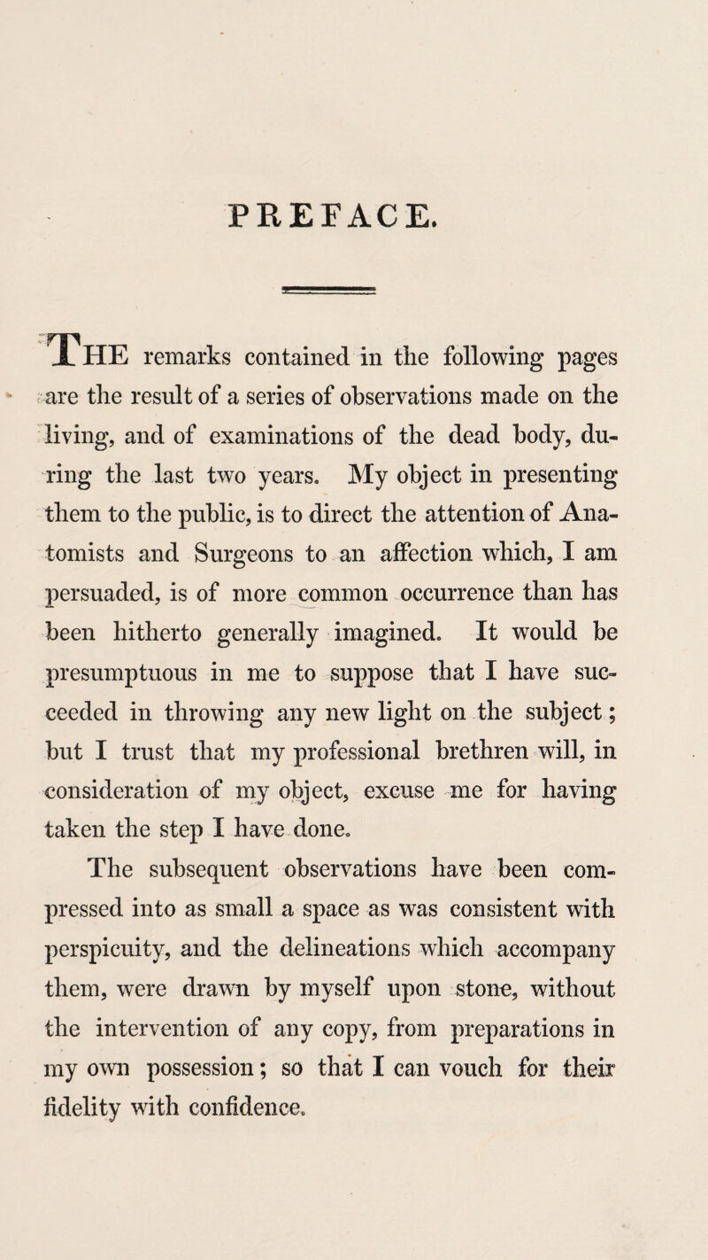 PREFACE. IHE remarks contained in the following pages are the result of a series of observations made on the living, and of examinations of the dead body, du¬ ring the last two years. My object in presenting them to the public, is to direct the attention of Ana¬ tomists and Surgeons to an affection which, I am persuaded, is of more common occurrence than has been hitherto generally imagined. It would be presumptuous in me to suppose that I have suc¬ ceeded in throwing any new light on the subject; but I trust that my professional brethren will, in consideration of my object, excuse me for having taken the step I have done. The subsequent observations have been com¬ pressed into as small a space as was consistent with perspicuity, and the delineations which accompany them, were drawn by myself upon stone, without the intervention of any copy, from preparations in my own possession; so that I can vouch for their fidelity with confidence.