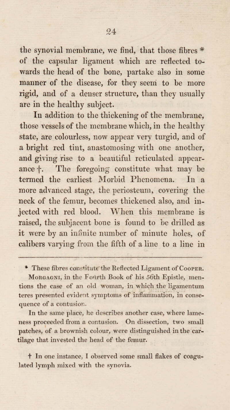 the synovial membrane, we find, that those fibres # of the capsular ligament which are reflected to¬ wards the head of the bone, partake also in some manner of the disease, for they seem to he more rigid, and of a denser structure, than they usually are in the healthy subject. In addition to the thickening of the membrane, those vessels of the membrane which, in the healthy state, are colourless, now appear very turgid, and of a bright red tint, anastomosing with one another, and giving rise to a beautiful reticulated appear¬ ance f. The foregoing constitute what may be termed the earliest Morbid Phenomena. In a more advanced stage, the periosteum, covering the neck of the femur, becomes thickened also, and in¬ jected with red blood. When this membrane is raised, the subjacent bone is found to be drilled as it were by an infinite number of minute holes, of calibers varying from the fifth of a line to a line in * These fibres constitute* the Reflected Ligament of Cooper. Morgagni, in the Fourth Book of his 56th Epistle, men¬ tions the case of an old woman, in which the ligamentum teres presented evident symptoms of inflammation, in conse¬ quence of a contusion. In the same place, he describes another case, where lame¬ ness proceeded from a contusion. On dissection, two small patches, of a brownish colour, were distinguished in the car¬ tilage that invested the head of the femur. t In one instance, I observed some small flakes of coagu¬ lated lymph mixed with the synovia.