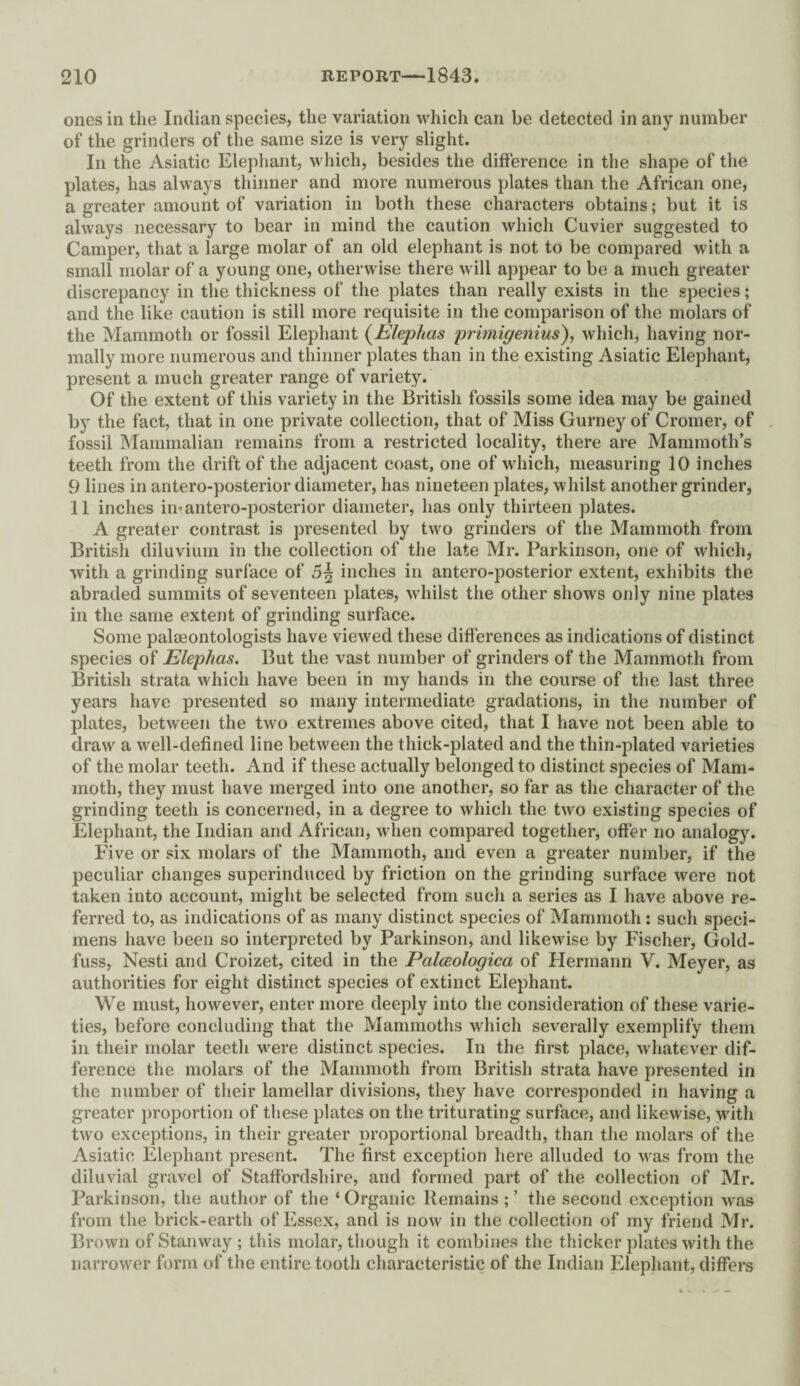 ones ill the Indian species, the variation which can be detected in any number of the grinders of the same size is very slight. In the Asiatic Elephant, which, besides the difference in the shape of the plates, has always thinner and more numerous plates than the African one, a greater amount of variation in both these characters obtains; but it is always necessary to bear in mind the caution which Cuvier suggested to Camper, that a large molar of an old elephant is not to be compared with a small molar of a young one, otherwise there will appear to be a much greater discrepancy in the thickness of the plates than really exists in the species; and the like caution is still more requisite in the comparison of the molars of the Mammoth or fossil Elephant (Elephas primigenius), which, having nor¬ mally more numerous and thinner plates than in the existing Asiatic Elephant, present a much greater range of variety. Of the extent of this variety in the British fossils some idea may be gained by the fact, that in one private collection, that of Miss Gurney of Cromer, of fossil Mammalian remains from a restricted locality, there are Mammoth’s teeth from the drift of the adjacent coast, one of which, measuring 10 inches 9 lines in antero-posterior diameter, has nineteen plates, whilst another grinder, 11 inches in*antero-posterior diameter, has only thirteen plates. A greater contrast is presented by two grinders of the Mammoth from British diluvium in the collection of the late Mr. Parkinson, one of which, with a grinding surface of S\ inches in antero-posterior extent, exhibits the abraded summits of seventeen plates, whilst the other shows only nine plates in the same extent of grinding surface. Some paleeontologists have viewed these differences as indications of distinct species of Elephas. But the vast number of grinders of the Mammoth from British strata which have been in my hands in the course of the last three years have presented so many intermediate gradations, in the number of plates, between the two extremes above cited, that I have not been able to draw a well-defined line between the thick-plated and the thin-plated varieties of the molar teeth. And if these actually belonged to distinct species of Mam¬ moth, they must have merged into one another, so far as the character of the grinding teeth is concerned, in a degree to which the two existing species of Elephant, the Indian and African, when compared together, offer no analogy. Five or six molars of the Mammoth, and even a greater number, if the peculiar changes superinduced by friction on the grinding surface were not taken into account, might be selected from such a series as I have above re¬ ferred to, as indications of as many distinct species of Mammoth : such speci¬ mens have been so interpreted by Parkinson, and likewise by Fischer, Gold- fuss, Nesti and Croizet, cited in the Palceologica of Hermann V. Meyer, as authorities for eight distinct species of extinct Elephant. We must, however, enter more deeply into the consideration of these varie¬ ties, before concluding that the Mammoths which severally exemplify them in their molar teeth were distinct species. In the first place, whatever dif¬ ference the molars of the Mammoth from British strata have presented in the number of their lamellar divisions, they have corresponded in having a greater proportion of these plates on the triturating surface, and likewise, with two exceptions, in their greater proportional breadth, than the molars of the Asiatic Elephant present. The first exception here alluded to was from the diluvial gravel of Staffordshire, and formed part of the collection of Mr. Parkinson, the author of the ‘ Organic Remains ; ’ the second exception was from the brick-earth of Essex, and is now in the collection of my friend Mr. Brown of Stanway ; this molar, though it combines the thicker plates with the narrower form of the entire tooth characteristic of the Indian Elephant, differs