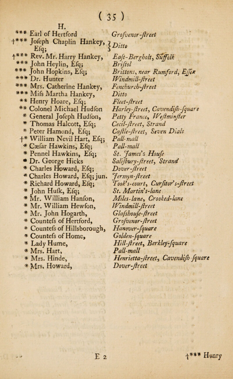 H. *** Earl of Hertford I*** Jofeph Chaplin Hankey, Efq; t*** Rev. Mr. Harry Hankey, *** John Heylin, Efq; *** John Hopkins, Efq; *** Dr. Hunter *** Mrs. Catherine Hankey, *** Mifs Martha Hankey, ** Henry Hoare, Efq; ** Colonel Michael Hudfon * General Jofeph Hudfon, * Thomas Halcott, Efq; * Peter Hamond, Efq; f* William Nevil Hart, Efq; * Caefar Hawkins, Efq; * Pennel Hawkins, Efq; * Dr. George Hicks * Charles Howard, Efq; * Charles Howard, Efq; jun. * Richard Howard, Efq; * John Hulk, Efq; * Mr. William Hanfon, * Mr. William Hewfon, * Mr. John Hogarth, * Countefs of Hertford, * Countefs of Hillsborough, * Countefs of Home, * Lady Hume, * Mrs. Hart, * Mrs. Hinde, * Mrs. Howard, Grofvenorfireet | Ditto Eaft-Bergholt, Suffolk Briftol Brittons, near Rumford, Ejfix Windmill-fire et Fenchurch-fireet Ditto Eleet-fireet Harley-fired, Cavendijh -fquare Petty France, Wefiminfier Cecil-fireet, Strand Cafile-fireet, Seven Dials Pall-mall Pall-mall St. James's Houfe Salifburyfireet, Strand Dover-fireet Jermyn-fireet Tooky s-court, Cur fit or's fir eet St. Martin s- lane Miles-lane. Crooked-lane Windmill-fireet Glafshoufe- fir eet Grofuenor- fir eet Hanover-fquare Golden-fquare Hill-flreet, Berkley-fquare Pall-mall Henrietta fir eet, Cavendijh fquare Dover-fireet E 2 I*** Hsnry