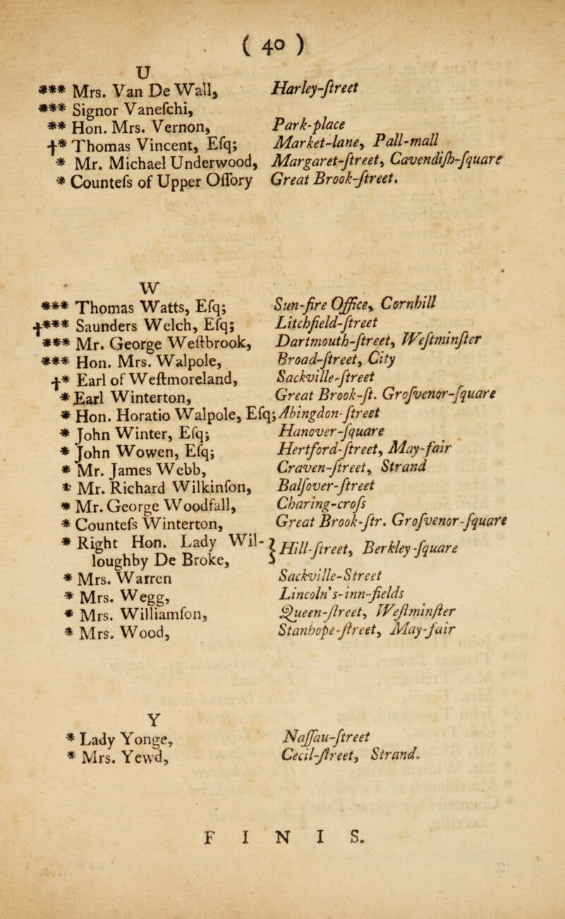 ( 4° ) u *** Mrs. Van De Wall, *** Signor Vanefchi, ** Hon. Mrs. Vernon, -J-* Thomas Vincent, Efq; * Mr. Michael Underwood, * Countefs of Upper Offory Harley-ftreet Park-place Market-lane, Pall-mall Margaret-ftreet, Cavendifh-fquare Great Brook-ftreet. W *** Thomas Watts, Efq; f*** Saunders Welch, Efq; *** Mr. George Weftbrook, *** Hon. Mrs. Walpole, •f-* Earl of Weftmoreland, *Earl Winterton, Hon. Horatio Walpole, Efq '.Abingdon-ftreet /*» Mi____ Sun-fire Officey Cornbill Litchfield-ftreet Dartmouth-ftreety JVeftminfier Broad-ftreety City Sackville ftreet Great Brook-ft. Grofuenor-fquare Jt 1 * I /* a * John Winter, Efq; * John Wowen, Efq; * Mr. James Webb, * Mr. Richard Wilkinfon, * Mr. George Woodfall, * Countefs Winterton, * Right Hon. Lady Wil¬ loughby De Broke, * Mrs. Warren * Mrs. Wegg, * Mrs. Williamfon, * Mrs. Wood, Hanover-fquare Hertfora-ftreety May-fair Craven-ftreety Strand Balfover-ftreet Charing-crofs Great Brook ftr. Grofuenor-fquare | Hill- ftreety Berkley fquare Sackville-Street Lincolns-inn-fields Queen-Jlreety JVefminfter Stanhope-fireety May-fair Y * Lady Yonge, * Mrs. Yevvd, Naffau-ftreet Cecil-flreety Strand. i FINIS.