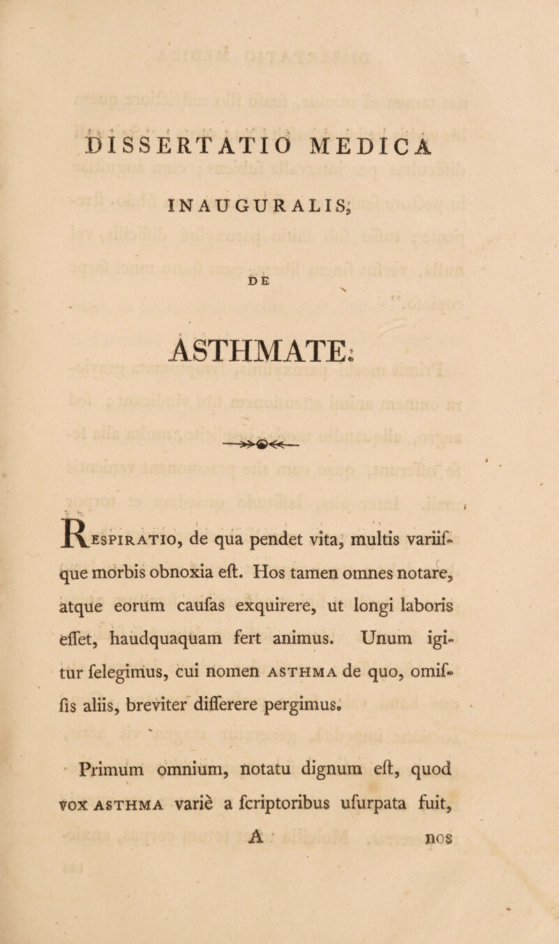 INAUGURALIS, D E ASTHMATE: W J^espiratio, de qua pendet vita, multis variif» que morbis obnoxia eft. Hos tamen omnes notare, atque eorum caufas exquirere, ut longi laboris effet, haudquaquam fert animus* Unum igi¬ tur felegimus, cui nomen asthma de quo, omif- fis aliis, breviter differere pergimus* Primum omnium, notatu dignum eft, quod \ vox asthma varie a fcriptoribus ufurpata fuit, A ' nos