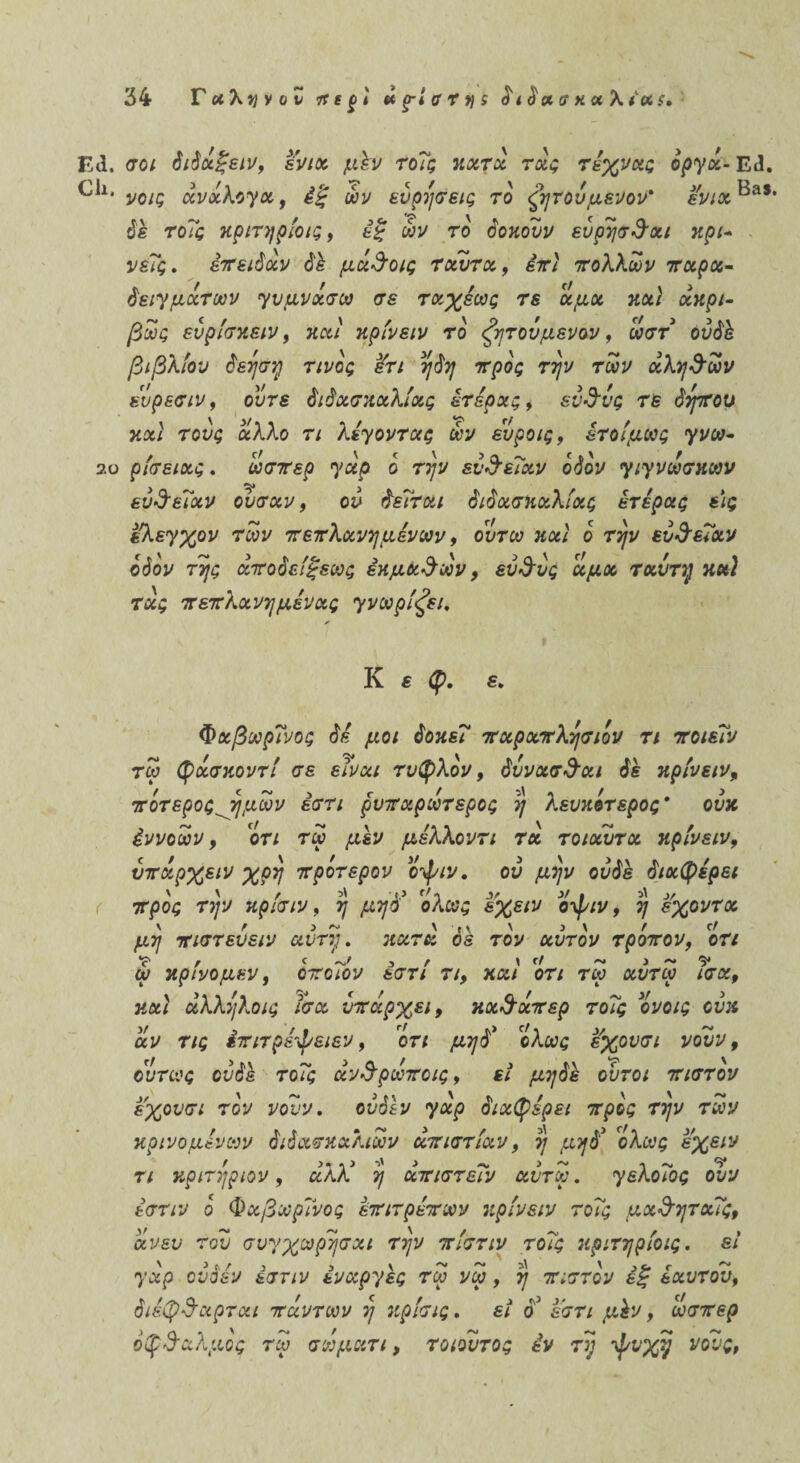 Ειΐ. σοι διδάξει», ενιχ μέν τοΐς κχτχ τχς τέχνχς όργά- ΕΛ. ν'“· νοις χνχλογχ, «1/ ευρήσεις το ζητούμενο» ενιχ οΓέ τοΐς κριτηρίοις, ε^ ών το δοκουν ευρησ&χι κρι* νεΐς. επειδχν δέ μάδοις τχυτχ, εττ/' ττολλων πχρχ- δειγμάτων γυμνάσω σε τχχέως τε χμχ κχ) χκρι- βως ευρίσκειν, κχί κρίνειν το ζητούμενο», ωστ ουδέ βιβλίου δέηση τίνος %τι ηδη προς τη» των χληδων ευρεσιν, ούτε διδχσκχλίχς έτερχς, εύ&νς τε δψτοιι κχι τους χλλο τι λέγοντας ων ευροις, έτοίμως γνω- 2υ ρίσειχς. ώσπερ γχρ ο την εύΰεΐχν οδόν γιγνωσκων εύ&εΐχν ουσχν, ον δεΐτχι διδχσκχλίχς έτέρας εις ελεγχον των πεπλχνημενών, ουτω κχι δ την ευΰέΐχν οδον της άποδείξεως έκμχδων, εύ&υς χμχ τχυτή κχ) τχς πεπλχνημενχς γνωρίζει. Κ ί φ. €, Φχβωρΐνος δε μοι δοκεΐ πχρχπλησιον τι ποιεί» τω φάσκοντί σε εϊνχι τυφλόν, δυνχσδχι ίε κρίνειν, πδτερος ημών έστι ρυπχρωτερος η λευκότερος* ονκ έννοων, οτι τω μεν μελλοντι τοί τοιχυτχ κρίνειν, υπάρχει» χρη προτερον οφιν. ου μην ου δε διαφέρει προς την κρίσιν, η μηδ* ολως εχειν οφιν, η έ'χοντχ μη πιστεύειν χυτή, κχτά δέ τον χυτόν τρόπον, οτι Λί ^ ώ κρίνομεν, οποίον εστί τι, κχί οτι τω χυτω ίσχ. κχ\ χλληλοις ίσχ υπάρχει, κχ&άπερ τοΐς ονοις ουκ χν τις έπιτρέφειεν, ότι μηδ* ολως έχουσι νουν, ούτως ουδέ τοΐς χν&ρωποις, εί μηδέ ουτοι πιστόν έχουσι τον νουν, ούδΐν γχρ διχφέρει προς την των κρίνο μενών διδασκαλιών χπιστίχν, η μηδ* ολως εχειν τι κριτήριο», χλλ* η χπιστεΐν χυτω. γελοίος ουν έστιν ό Φχβωρΐνος επιτρέπων κρίνειν τοΐς μχ&ητχΐς, χν ευ του συγχωρησχι την πίστιν τοΐς κριτηρίοις. εί γχρ ονδέν έστιν εναργές τω νω , η πιστόν έξ εχυτου, διέφ-θ’χρτχι πάντων η κρίσις. εί δ* έ'στι μέν, ώσπερ οφθαλμός τω σωμχτι, τοιουτος έν τη φυχη νους,