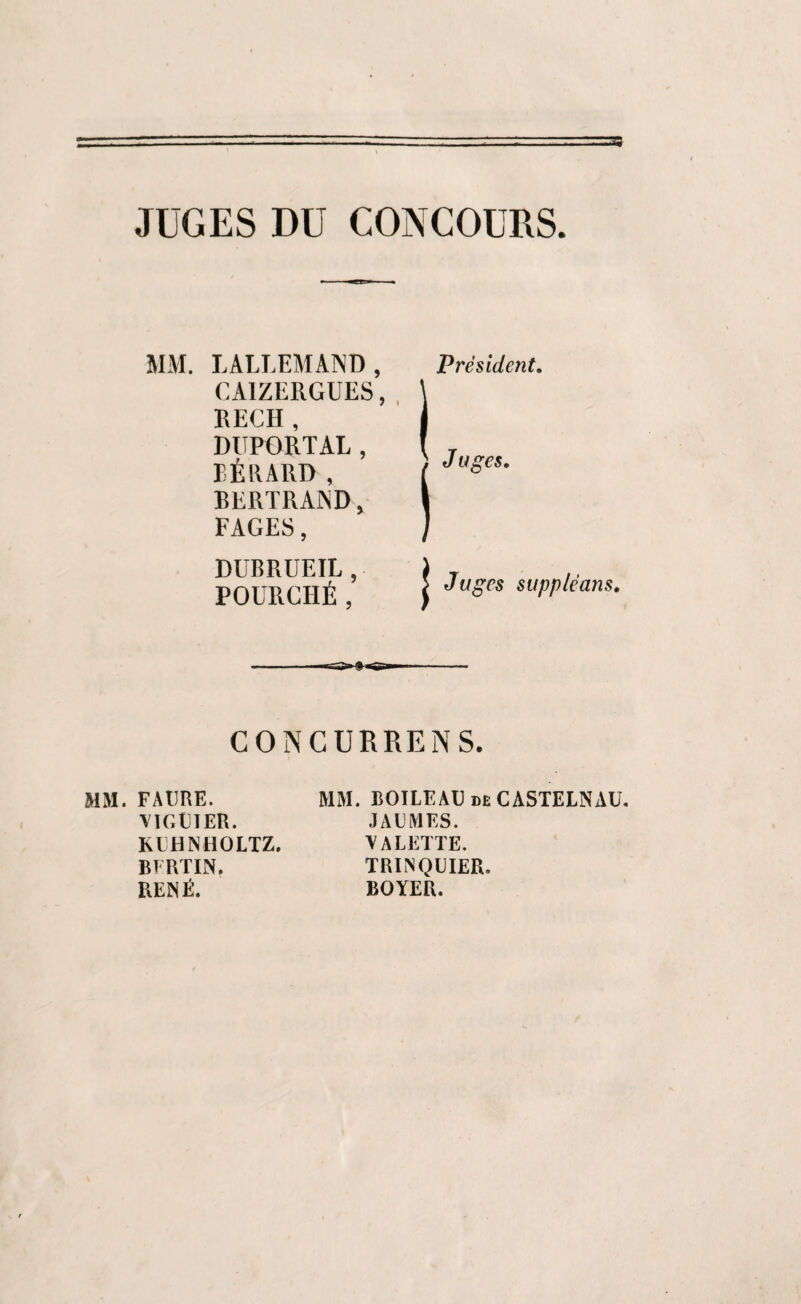 JUGES DU CONCOURS. MM. LALLEMAND , CAIZERGUES, RECH , DUPORTAL, EÉRARD , BERTRAND, FAGES, DUBRUEIL , POURCHÉ, Président. J âges. j Juges suppléons. CONCURRENS. MM. FAURE. VIGUIER. KUHNHOLTZ. BFRTIN, RENÉ. MM. BOILEAU de CASTELNAU. JAUMES. VALETTE. TRINQUIER. BOYER.