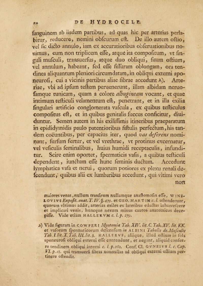 fanguinem ab iisdem partibus , ad quas hic per arterias perla- bitur, reducere, nemini obfcurum eft. De illo autem oftio, vel ile di£lo annulo , iam ex accuratioribus obferuationibus no- uimus, eum non triplicem efle, atque ita compofitum, vt fin- guli mufculi, transueritis, atque duo obliqui, fuum oftium, vel annulum, habeant, fed effe fifluram oblongam, ora ten¬ dinea aliquantum pleniori circumdatam, in obliqui externi apo- neurofi, cui a vicinis partibus aliae fibrae accedunt A). Arte¬ riae, vbi ad ipfum teftem peruenerunt, illam albidam neruo- famque tunicam, quam a colore albugineam vocant, et quae intimum tefticuli velamentum eft, penetrant, et in illa exilia Angulari artificio conglomerata vafcula, ex quibus tefliculus compofitus eft, et in quibus genitalis fuccus conficitur, diui- duntur. Semen autem in his exiliflimis itineribus praeparatum in epididymidis paulo patentioribus fiftulis perfe&um, his tan¬ dem coeuntibus, per capacius iter, quod vas deferens nomi¬ nant, furfum fertur, et vel vrethrae, vt protinus excernatur, vel veficulis feminalibus, huius humidi receptaculis, infundi¬ tur. Scire enim oportet, fpermaticis vafis, a quibus tefticuli dependent, iundhim effe hunc feminis dudhim. Accedunt lymphatica vafa et nerui, quorum potiores ex plexu renali de- fcenduntf quibus alii ex lumbaribus accedunt, qutvltimi vero non maiores venas,nullum tranlitum nullamque anaftomofin effe, wins- LOVivs Expofet.anat.T. lV.§.47p. et GEO. Martin c. 1. oftenderunt, quorum vltimus addit, arterias exiles ex lateribus edu&as inhaereficere et implicari venis, huncque nexum minus cautos anatomicos dece- pifle. Vide etiam hallervm c. J.p. 279. a) Vide figuram in cowperi Myotomia Tab. XIV. Ut. C. Tab. XV. Jit. KK. et vaforum fpermaticorum defcenfum in albini Tabulis de Mufculis Tab. 1. Jit. X. Tab. III. Iit. (i. HALLERVS, aliique, illud oftium in fiola aponeurofi obliqui externi efte contendunt, et negant, aliquid confer- f • re tendinem obliqui interni c. J.p.260. Conf. Cl. Gvnzivs I. c. Cap, VI. p. /8. qui transuerfi fibras nonnullas ad obliqui externi oftium per¬ tinere oftendit.