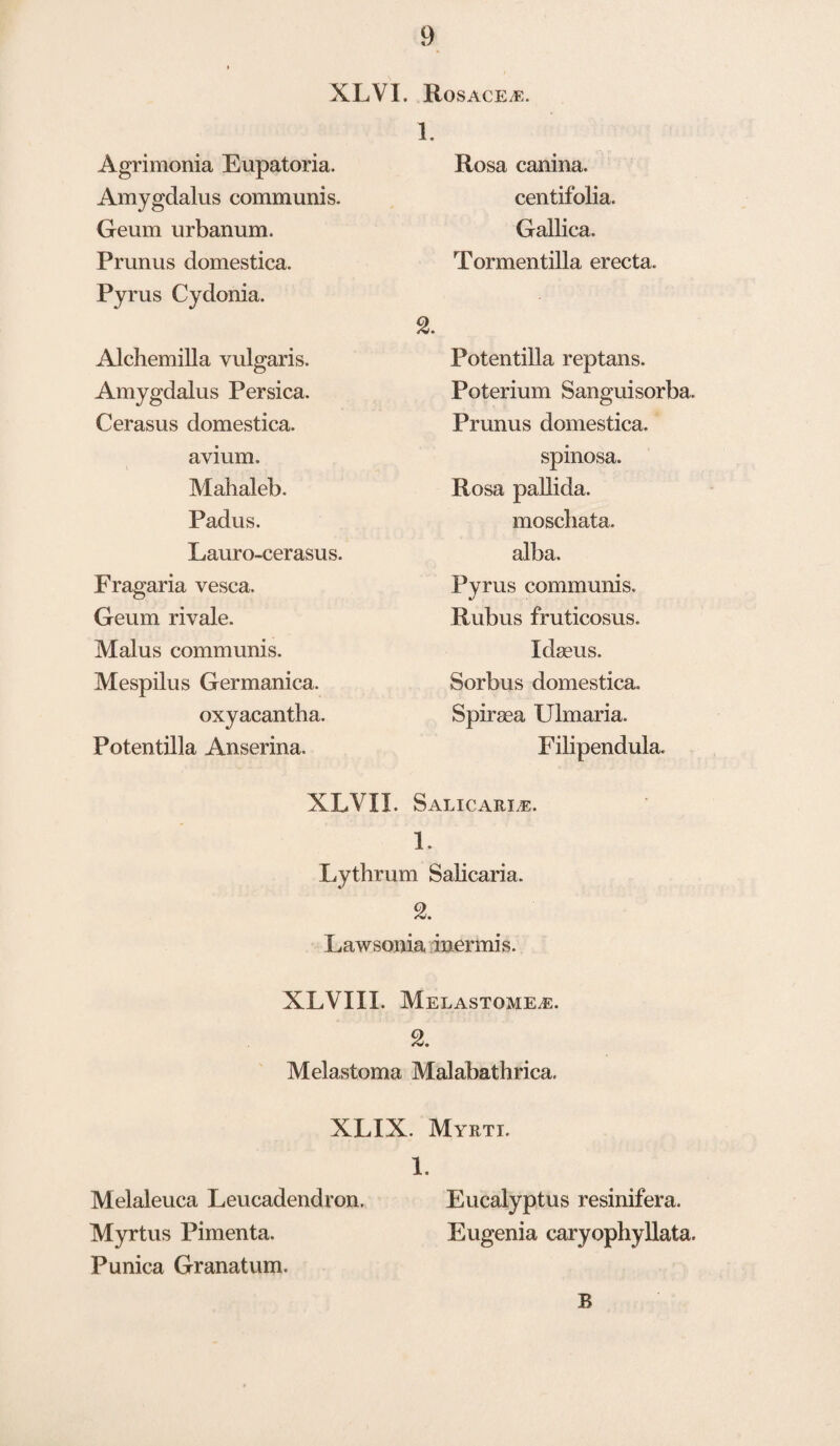 XL VI. Agrimonia Eupatoria. Amygdalus communis. Geum urbanum. Prunus domestica. Pyrus Cydonia. Alchemilla vulgaris. Amygdalus Persica. Cerasus domestica. avium. Mahaleb. Padus. Lauro-cerasus. Fragaria vesca. Geum rivale. Malus communis. Mespilus Germanica. oxyacantha. Potentilla Anserina. RoSACEyE. 1. Rosa canina. centifolia. Gallica. Tormentilla erecta. 2. Potentilla reptans. Poterium Sanguisorba. Prunus domestica. spinosa. Rosa pallida, moscliata. alba. Pyrus communis. Rubus fruticosus. Xdaeus. Sorbus domestica. Spiraea Ulmaria. Filipendula. XLVIL SalicarIyE. 1. Lythrum Salicaria, 2. Lawsonia inermis. XLVIII. jMelastome.e. % Melastoma Malabathrica. XLIX. Myrti. 1. Melaleuca Leucadendron. Eucalyptus resinifera. Myrtus Pimenta. Eugenia caryophyllata. Punica Granatum. B