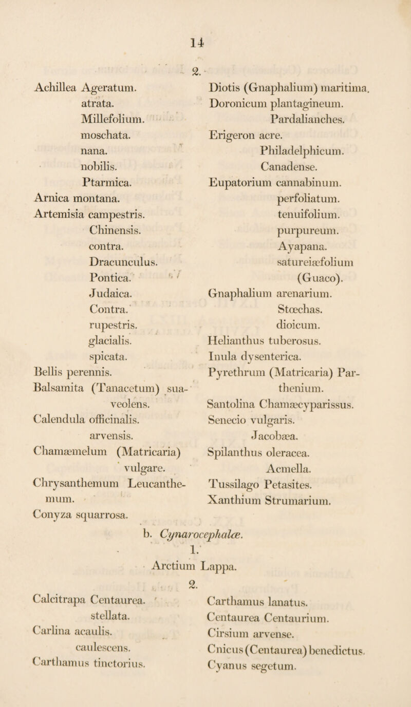 Achillea Ageratum. atrata. Millefolium. moschata. nana. nobilis. Ptarmica. Arnica montana. Artemisia campestris. Chinensis. contra. Dracunculus. Pontica. Judaica. Contra. rupestris. » A glacialis. spicata. Beilis perennis. Balsamita (Tanacetum) sua- veolens. Calendula officinalis. arvensis. Chamgemelum (Matricaria) vulgare. Chrysanthemum Leucanthe- Diotis (Gnaphalium) maritima. Doronicum plantagineum. Pardalianches. Erigeron acre. Philadelphicum. Canadense. Eupatorium cannabinum. perfohatum. tenuifolium. purpureum. Ayapana. satureiaefolium (Guaco). Gnaphalium arenarium. Stoechas. dioicum. Helianthus tuberosus. Inula dysenterica. Pyrethrum (Matricaria) Par- thenium. Santolina Chamaecyparissus. Senecio vulgaris. Jacobaea. Spilanthus oleracea. Acmella. Tussilago Petasites. Xanthium Strumarium. mum. Conyza squarrosa. b. Cynarocepkalce. Arctium Lapj)a. Calcitrapa Centaurea. stellata. Carhna acaulis. caulescens. Cart 1 lamus tinctorius. Carthamus lanatus. Centaurea Centaurium. Cirsium arvense. C nic u s (C en tau rea) benedictu s. Cyan us segetum.