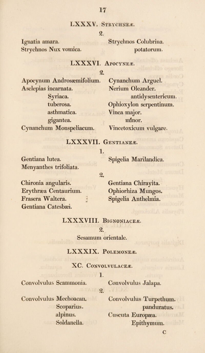 LXXXV. Strychne/E. 2. Ignatia amara. Strychnos Colubrina. Strychnos Nux vomica. potatorum, LXXXYI. Apocynee. 2. Apocynum Androsaemifolium. Cynanchum Arguel. Asclepias incarnata. Syriaca. tuberosa. asthmatica. gigantea. Cynanchum Monspeliacum. Nerium Oleander. antidy sentericum. Ophioxylon serpentinum. Vinca major, minor. Vincetoxicum vulgare. LXXXVII. Gentiane*:. 1. Gentiana lutea. Menyanthes trifoliata. Chironia angularis. Erythraea Centaurium. Frasera Waltera. Gentiana Catesbaei. 2. Spigelia Marilandica. Gentiana Chirayita. Ophiorhiza Mungos. Spigelia Anthelmia. LXXXVIII. BlGNONIACEE. 2. Sesamum orientale. LXXXIX. POLEMONE^E. XC. C0NVOLVULACE.E. Convolvulus Scammonia. Convolvulus Mechoacan. Scoparius. alpinus. Soldanella. 1. o Convolvulus Jalapa. Convolvulus Turpethum. panduratus. Cuscuta Europaea. Epithymum. c