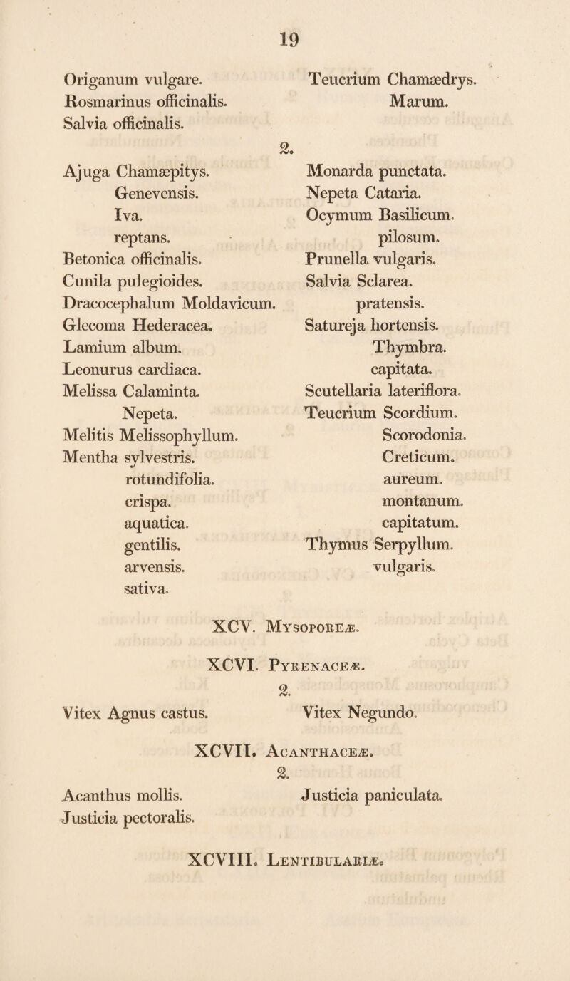 Origanum vulgare. Rosmarinus officinalis. Salvia officinalis. Ajuga Chamaepitys. Genevensis. Iva. reptans. Betonica officinalis. Cunila pulegioides. Dracocephalum Moldavicum. Glecoma Hederacea. Lamium album. Leonurus cardiaca. Melissa Calaminta. Nepeta. Melitis Melissophyllum. Mentha sylvestris. rotundifolia. crispa. aquatica. gentilis. arvensis. sativa. Teucrium Chamaedrys. Marum. 2. Monarda punctata. Nepeta Cataria. Ocymum Basilicum. pilosum. Prunella vulgaris. Salvia Sclarea. pratensis. Satureja hortensis. Thymbra. capitata. Scutellaria lateriflora, Teucrium Scordium. Scorodonia. Creticum. aureum. montanum, capitatum. Thymus Serpyllum. vulgaris. XCV, Mysopore^e. XCVL Pyrenace^e. 2. Vitex Agnus castus. Vitex Negundo. XCVIT. Acanthace,e. Acanthus mollis. Justicia paniculata. Justicia pectoralis. XCVIIL Lentibulari^o
