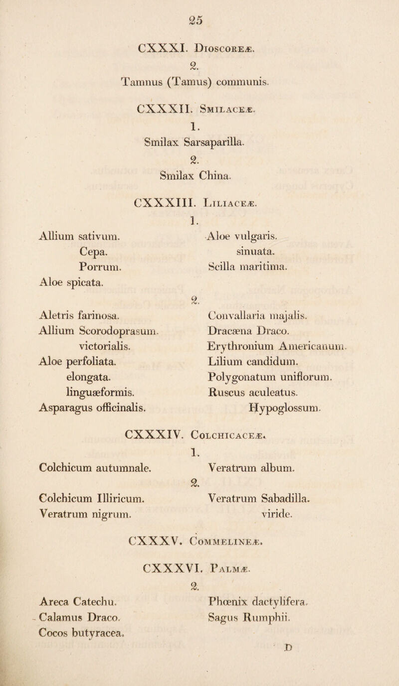 CXXXI. DioscorejE. Tamnus (Tamus) communis. CXXXII. Smilaceve. 1. Smilax Sarsaparilla. 2. Smilax China. CXXXIII. L iliacee:. Allium sativum. Cepa. Porrum. Aloe spicata. 1. Aloe vulgaris, sinuata. Scilla maritima Aietris farinosa. Allium Scorodoprasum. victorialis. Aloe perfoliata. elongata. linguaeformis. Asparagus officinalis. 2, Convallaria n i aj ali s. Dracaena Draco. Ery thronium A mericanum. Lilium candidum. Polygonatum unifiorum. Ruscus aculeatus, Hypoglossum. CXXXIV. CoLCHICACEvE* Colchicum autumnale. Colchicum Illiricum. Veratrum nigrum. 1. Veratrum album, 2. Veratrum Sabadilla. viride. CXXXV. Commelixea;. CXXXVI. Palmm. 2, Areca Catechu. Phoenix dactylifera - Calamus Draco, Sagus Rumphii. Cocos butyracea, • I)
