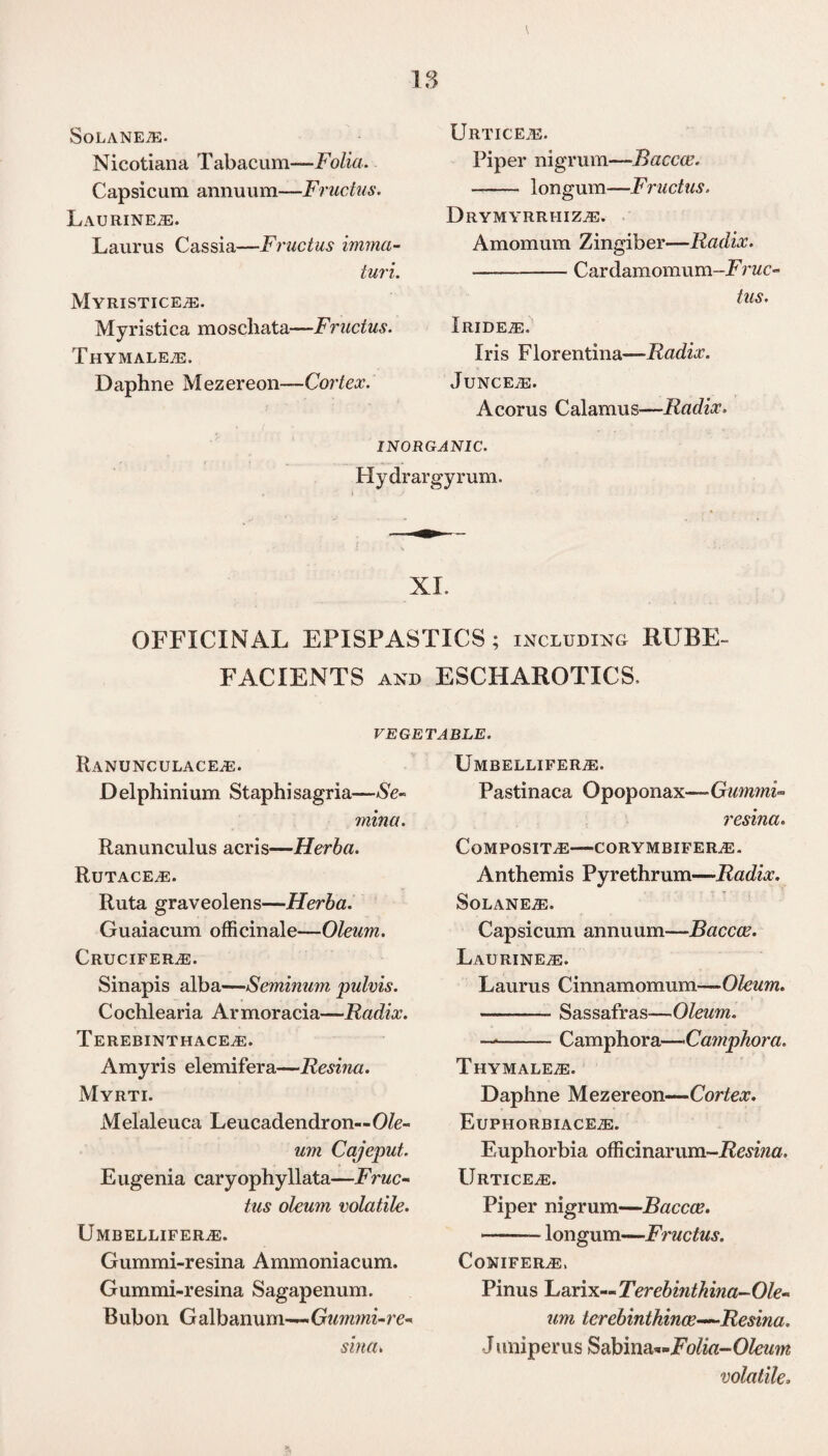 SoLANEiE- Nicotiana Tabacum—-Folia. Capsicum annuum—Fructus. Laurinee. Laurus Cassia—Fructus imma- turi. Myristicee. Myristica moschata—Fructus. Thymalee. Daphne Mezereon—Cortex. Urticee. Piper nigrum—Baccce. - longum—Fructus. Drymyrriiize. Amomum Zingiber—Radix. -Cardamomum-i^rMC- tus. Iridee. Iris Florentina—Radix. JuNCEE. Acorus Calamus—Radix. INORGANIC. Hydrargyrum. XI. OFFICINAL EPISPASTICS; including RUBE FACIENTS and ESCHAROTICS. VEGETABLE. RaNUNCULACE/E. Delphinium Staphisagria—Se- mina. Ranunculus acris—Herba. RuTACEE. Ruta graveolens—Herba. Guaiacum officinale—Oleum. Crucifere. Sinapis alba—Seminum pulvis. Cochlearia Armoracia—Radix. Terebinthacee. Amyris elemifera—Resina. Myrti. Melaleuca Leucadendron— Ole¬ um Cajeput. Eugenia caryophyllata—Fruc- tus oleum volatile. UMBELLIFERE. Gummi-resina Ammoniacum. Gummi-resina Sagapenum. Bubon Galbanum-— Gummi-re¬ sina. UMBELLIFERiE. Pastinaca Opoponax—-Gummi- resina. Composite—corymbifere. Anthemis Pyrethrum—Radix. SoLANEE. Capsicum annuum—Baccce. LaURINEE. Laurus Cinnamomum—Oleum. -Sassafras—Oleum. —-Camphora—Camphora. Thymalee. Daphne Mezereon—Cortex. Euphorbiacee. Euphorbia officinarum-Rmwa. Urticee. Piper nigrum—Baccce. -longum—Fructus. Conifere. Pinus Larix— Terebinthina-Ole~ um terebinthince—Resina. J tttiiperus Sabimu*-Folia-Oleum volatile.