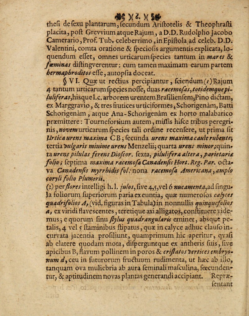 thefi defexu plantarum,fecundum Ariftotelis & Theophrafti placita,poft GrevviiimatqueRajum, aD.D.RudoIphoJacobo Camerario, Prof.Tub* celeberrimo ,inEpiftola ad celeb. D.D. Valentini, comta oratione & fpeciofis argumentis explicata, lo¬ quendum effet, omnes urticarum fpecies tantum in mares & feeminas diftingverentur; cum tamen maximam earum partem hermaphroditos efle, autopfia doceat, § VI. Quas ut re&ius percipiantur, fciendum(/)Rajum 4 tantum urticarum fpecies noffe, duas racemofasytotidemquepi- luliferas,hisquel.c, arborem urentem Brafilienfem,Pino dictam, ex Marggravip, & tres frutices urticiformes, Schorigenam, Batti Schorigenam , atque Ana-Schorigenam ex horto malabarico praemittere: Tournefortium autem,miffis hifce tribus peregri¬ nis, »0xww urticarum (pedes tali ordine recenfere, ut prima fit Urtica urens maxima CB, fecunda urens maxima caule rubentey tertia fulgaris minime urens Menzeliij quarta urens minor;quin- ta urens pilulas ferens Diofcor. fexta, pilulifera altera, parietaria folio; feptima maxima racernofa CanadenftsHort.Reg. Par. octa¬ va Canadenfls myrrhidts fol; nona racemofa Americana, amplo coryli folio Plumerii* (i) perfloresintelligi h. 1. julos, five 4,5,vel 6 nucamenta,ad fingu- Ja foliorum fuperiorum paria ex euntia, quas numerofos calyces quadrifolios A,(y id, figuras in Tabula) in nonnullis quinquefolios a, ex viridi flavescentes, teretique axi alligatos, conftituere vide¬ mus 3 equorum finu(lylus quadranguUris eminet, absque pe¬ talis, 4 vel 5 flaminibus ftipatus, quas in calyce adhuc claufo in¬ curvata jacentia profiliunt, quamprimum hic aperitur, qvafi ab elatere quodam mota, difperguntque ex antheris fuis, five apicibus B? flavum pollinem in poros & crifatos Vertices embryo- vum dy ceu in futurorum fhnfluum rudimenta, ut hac ab illo, tanquam ova muliebria ab aura feminali mafculina, fascunden- tur, & aptitudinem novas plantas generandi accipiant. Repras- 1 fentant