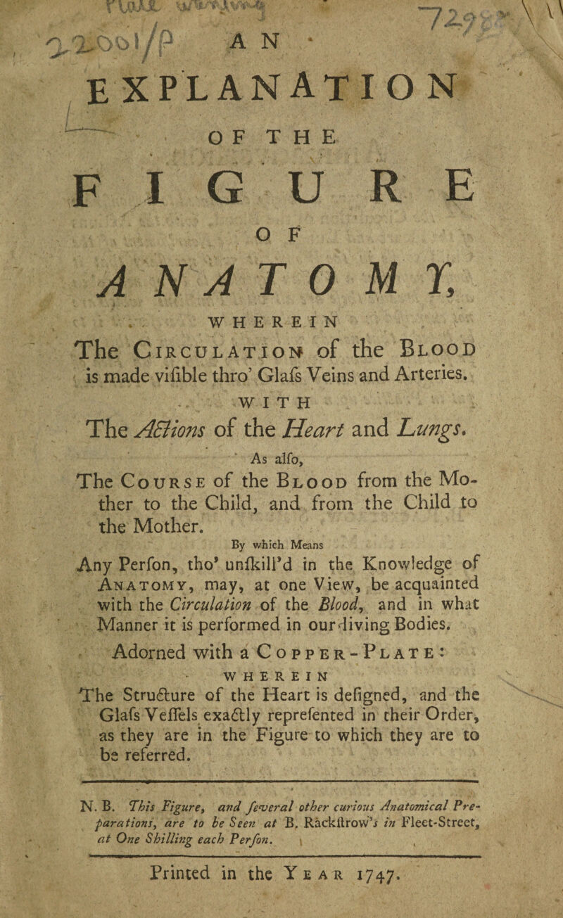 explanation - O F T H E FIGURE O F ANATOMY, , . ) « < - ** « < * 1 _■* * •* * •+ - WHEREIN The Circulation of the Blood is made vifible thro’ Glafs Veins and Arteries. WITH The AElions of the Heart and Lungs. As alfo. The Course of the Blood from the Mo¬ ther to the Child, and from the Child to the Mother. By which Means Any Perfon, tho* unlkilfd in the Knowledge of Anatomy, may, at one View, be acquainted with the Circulation of the Blood, and in what Manner it is performed in ourdiving Bodies. Adorned with a Copper-Plate: WHEREIN The Stru&ure of the Heart is defigned, and the Glafs Veflels exactly reprefented in their Order, as they are in the Figure to which they are to be referred. N. B. This Figure, and federal other curious Anatomical Pre¬ parations, are to be Seen at B, RackftrowV in Fleet-Street, at One Shilling each Perfon. \ Printed in the Year 1747.