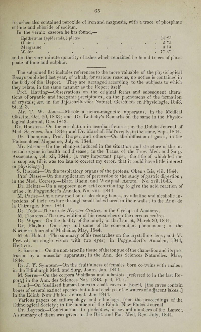 Its ashes also contained peroxide of iron and magnesia, with a trace of phosphate of lime and chloride of sodium. In the vernix caseosa he has found,— Epithelium (epidermis,) plates . . . 13-2a Oleine . . . . . 5’15 Margarine ..... 3 • 13 Water . . . . . 77 37 and in the very minute quantity of ashes which remained he found phate of lime and sulphur. ti aces of phos- The subjoined list includes references to the more valuable of the physiological Essays published last year, of which, for various reasons, no notice is contained in the body of the Report. They are arranged according to the subjects to which they relate, in the same manner as the Report itself. Prof. Harting—Observations on the original forms and subsequent altera¬ tions of organic and inorganic precipitates ; on the phenomena of the formation of crystals; &c. in the Tijdschrift voor Naturel. Geschied. en Physiologie, 1843, St. 2, 3. Mr. T. W. Jones—Muscle a neuro-magnetic apparatus, in the Medical Gazette, Oct. 20, 1843; and Dr. Letheby’s Remarks on the same in the Physio¬ logical Journal, Dec. 1843. Dr. Houston—On the circulation in acardiac foetuses; in the Dublin Journal of Med. Sciences, Jan. 1844 ; and Dr. Marshall Hall’s reply, in the same. Sept. 1844. Dr. Thompson, Prof. Draper, and others—On the diffusion of gases, in the Philosophical Magazine, July 4, 1844. Mr. Sibson—On the changes induced in the situation and structure of the in¬ ternal organs in health and disease; in the Trans, of the Prov. Med. and Surg. Association, vol. xii, 1844 ; [a very important paper, the title of which led me to suppose, till it was too late to correct my error, that it could have little interest in physiology.] S. Rusconi—On the respiratory organs of the proteus. Oken’s Isis, viii, 1844. Prof. Nasse—On the application of percussion to the study of gast ric digestion ; in the Med. Corresp.—Blatt, Rhein, und Westphal. Aerzte. No. xvii, 1843. Dr. Heintz—On a supposed new acid contributing to give the acid reaction of urine; in Poggendorf’s Annalen, No. viii. 1844. M. Parise—On a new method of bleaching bones, by alkaline and alcoholic in¬ jections of their texture through small holes bored in their walls; in the Ann. de la Chirurgie, Fevr. 1844. Dr. Todd—The article Nervous Centres, in the Cyclop, of Anatomy. M. Flourens—The new edition of his researches on the nervous centres. Dr. Wigan—On the duality of the mind ; in the Lancet, March 30, 1844. Dr. Playfair—On sleep and some of its concomitant phenomena; in the Northern Journal of Medicine, May, 1844. M. de Haldat—The summary of his researches on the crystalline lens; and M. Prevost, on single vision with two eyes; in Poggendorf’s Annalen, 1844, Heft viii. S. Rusconi—On the non-erectile tissue of the tongue of the chamelionand its pro¬ trusion by a muscular apparatus; in the Ann. des Sciences Naturelles. Mars, 1844. Dr. J. Y. Sympson—On the fruitfulness of females born co twins with males ; in the Edinburgh Med. and Surg. Journ. Jan. 1844. M. Serres—On the corpora Wolffiana and allantois [referred to in the last Re¬ port,] in the Ann. des Sciences Nat. 1843. p. 4, Pt. i. Lund—On fossilized human bones in chalk caves in Brazil, [the caves contain bones of several extinct species, but admit each year the waters of adjacent lakes ;] in the Edinb. New Philos. Journal. Jan. 1844. Various papers on anthropology and ethnology, from the proceedings of the Ethnological Society ; in the numbers of the Edinb. New Philos. Journal. Dr. Laycock—Contributions to proleptics, in several numbers of the Lancet. A summary of them was given in the Brit, and For. Med. Rev. July, 1844.