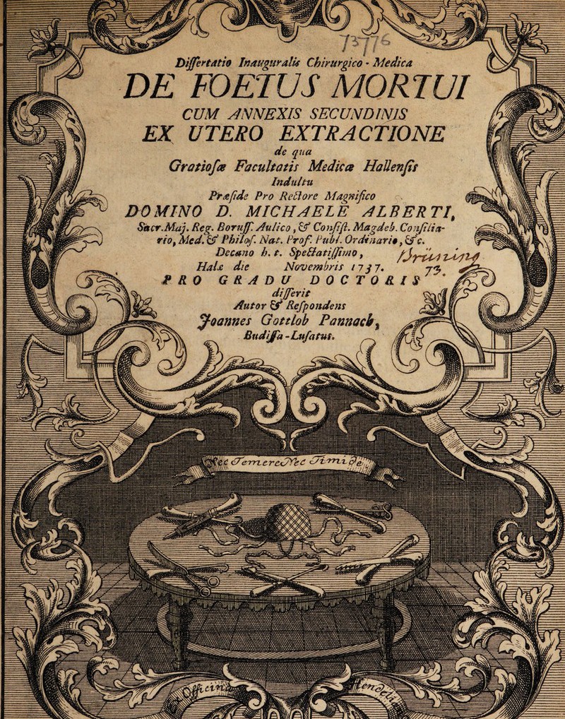 Dijfertdtio Inauguratis Chirurgico * Medica DE FOETUS MORTUI CUM ANNEXIS SECUNDINIS EX UTERO EXTRACTIONE de qua Gratiofa Facultatis Medica HaUenfs Indultu Prafide Pro RePiore Magnifico DOMINO D. MICHAELE ALBERTI, Sacr.Maj. Reg. Borujf. Aulico, & Confift. Magdeb. Conjilia¬ ri ot Med. Philotf Nat. Profi. Pubi. Ordinari#, &c. Decano h. t. SpeElatiJJimo, HaU die Novembris 17 j 7. jg, PRO GRADU DOCTORI^ ' f differ it Wf H jAutor Refpondens |{ JZSL jf-oannes Gottlob Pannacb, JBudijfa-Lufatus, /mjr