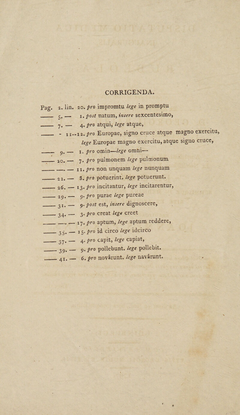 CORRIGENDA. 20. pro impromtu lege in promptu i. post natum, insere sexcentesimo, 4. pro atqui* lege atque, 12. pro Europae, signo cruce atque magno exercitu lege Europae magno exercitu, atque signo cruce, 1. pro omin—lege omni— 7. pro pulmonem lege pulmonum 11, pro non unquam lege nunquam 8. pro potuerint, lege potuerunt. 13. pro incitantur, lege incitarentur, 9. pro purae lege pureae 9. post est, insere dignoscere, 3. pro creat lege creet 17. pro aptum, lege aptum reddere, 15. pro id circo lege idcirco 4. pro capit, lege capiat, 9. pro pollebunt, lege pollebit. 6. pro novarunt, lege navarunt.