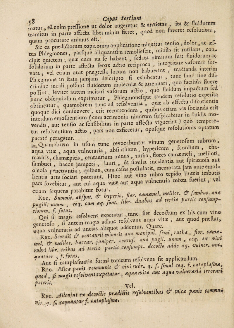 « Caput tertium _ Ltur. ea enim preflione ut dolor augeretur & anxietas , ita & nui. orum tranfitus in parte affeda libet minus fieret, quod non faveret tefolutioni, ^Sic ea madidorum topicorum applicatione minuitur tenfio , do ot , ac aef- tus5Phlegmones, patfque aliquantum remollefcit, minus ht rutilans, con. cipit qufetem ; nu* cum na fe habent , fedata nimirum fu* fluidorum ac fohdorum in parte affecta ferox actio reciproca , integtitate vamiua^^ vaca • vel etiam utut prregteifa locum non habaetini , 1 c - . ~ Phlegmone i„ b» ,»4 1 crimine incidi poliunt fluidorum molecul* & attenuari quo facilius uiieie poffint, leviter autem incitari vafotum adio , quo flmdum impadum fed nunc obfequiofum exprimatur , Phlegmonefque tandem re “ ut!P-€ P obtineatur quamobrem tunc ad refolventia , qux ab effedu d.Guuemm quoque dici confovere , erit recurrendum , quibus etiam v.s focanda erit interdum emollientium (cum acrimonia nimirum fufpicabiwr inHuidis ni¬ vendis aut tenfio acfenfibilitas in parte affeda viguerim.) q ^ 'PL tuv refolventium adio , pars non exficcetut, opufque refolutioms optatum ^QMmobrem°r‘in ufum tunc revocabuntur vinum gener°fum rubr01 m , aqua vitae , aqua vulneraria , abfinthium hypwcum |. ^ifS“un“^ fimilj* incidentia aut fpirfiuo^at oleofa penetrantia ; quibus “^^ubm^iE Anteis imbutis lienna arce fociari poterunt. Hinc aut vino iuu . y • v-l pars fovebitur, aut cui aqua vir* aut aqua vulneraria mixta mennt, vel etiam fcque„. parabitur fotus. ■ cantamel. melilot. & fambuc. ana Rec. Sumrmt. abfynr. yp duabus ad tertia partis conjump- pugili, unum , toq. cum f*n** Mr. auaws t J r fi mrgis tefolvens expetatur , tunc fiet decodum ex his cum vino wenerofo fi°autem magis adhuc tefolvens aqua vitae , aut quod prxftat, , flor, canta. zlun z: *U4l“°.rg canplafinatis formd topicum tefolvens fit applicandum. R c McIpaTs crnmms & vini rubr. e,, f. firnul coq f. cataplafnta, poterit. Vcl. Rec. Alicujus ex decoUis fraiiUis refihmihs & mica panis comm* nij J q. f, coquantur f. xataplafma.