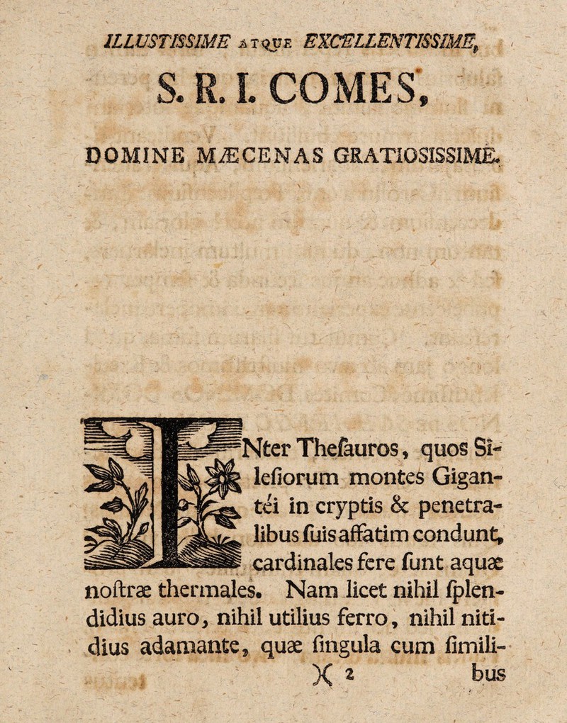 / ILLUSTISSIME a t que EXCELLENTISSIME, S. R. L COMES, DOMINE MiECENAS GRATIOSISSIME. Thefauros, quos $i- Idiorum montes Gigan¬ tei in cryptis & penetra¬ libus fuis affatim condunt» cardinales fere funt aquae noftrae thermales. Nam licet nihil fplen- didius auro, nihil utilius ferro, nihil niti¬ dius adamante, quae fingula cum fimili- X 2 bus