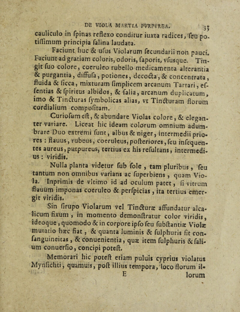 cauliculo in fpinas reflexo conditur iuxta radices, feu po- tiflimum principia falina laudata. Faciunt, huc & ufus Violarum fecundarii non pauci. Faciunt ad gratiam coloris, odoris, faporis, vfusque. Tin¬ git fuo colore, coeruleo rubello medicamenta alterantia & purgantia, diffufa, potiones, decotfta, & concentrata, fluida & ficca, mixturam fimplicem arcanum Tartari, ef- fentias & fpiritus albidos, & falia, arcanum duplicatum, imo & Tinfturas fymbolicas alias, vt Tintfturam florum cordialium compofitam. Curiofumeft, & abundare Violas colore ,& elegan¬ ter variare. Liceat hic ideam colorum omnium adum¬ brare Duo extremi funt, albus & niger, intermedii prio¬ res : flauus, rubeus, coeruleus,pofteriores,feu infequen- tes aureus,putpureus, tertius ex his refultans, intermedi¬ us : viridis. Nulla planta videtur fub fole , tam pluribus, feu tantum non omnibus varians ac fuperbiens, quam Vio¬ la. Inprimis de vltimo id ad oculum patet, fi vitrum flauum imponas coeruleo & perfpicias, ita tertius emer¬ git viridis. Sin firupo Violarum vel Tintfturx affundatur alca- licum fixum, in momento demonftratur color viridis, ideoque, quomodo & in corpore ipfo feu fubftantia Viola: mutatio hac fiat, & quanta luminis & fulphuris fit con- fanguineitas, & conuenientia, qua item fulphuris &fali- um conuerfio, concipi poteft. Memorari hic poteft etiam puluis cyprius violatus Mynfichti, quamuis, poft illius tempora, loco florum ii- E ' lorum 1