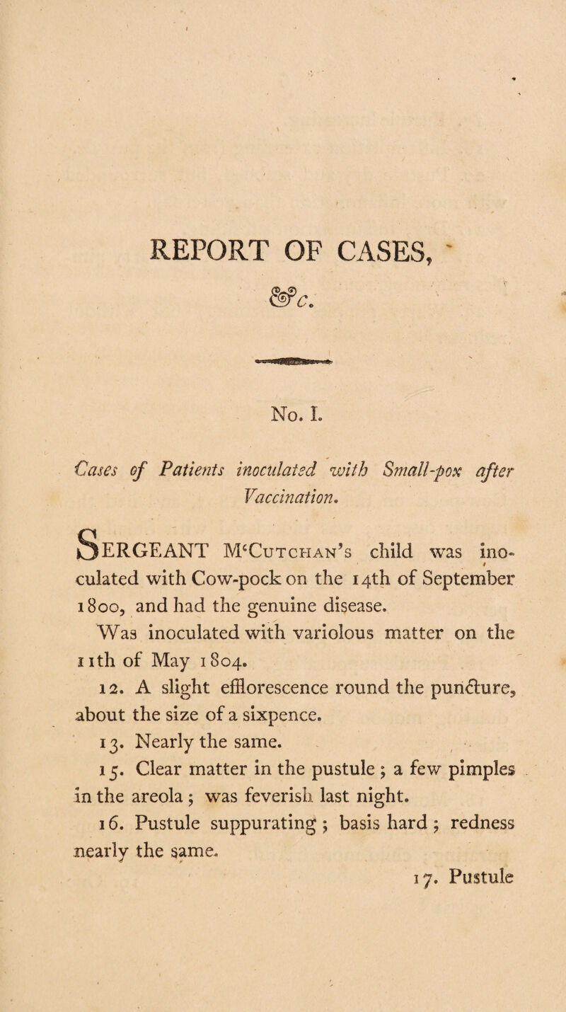 REPORT OF CASES, ' &>c. No. I. Cases of Patients inoculated with Small-pox after Vaccination. Sergeant mcCutchan’s child was mo- * i culated with Cow-pock on the 14th of September 1800, and had the genuine disease. Was inoculated with variolous matter on the 1 ith of May 1804* 12. A slight efflorescence round the pun<flure9 about the size of a sixpence. 13. Nearly the same. 15. Clear matter in the pustule ; a few pimples in the areola ; was feverish last night. 16. Pustule suppurating ; basis hard ; redness nearly the same. 17. Pustule