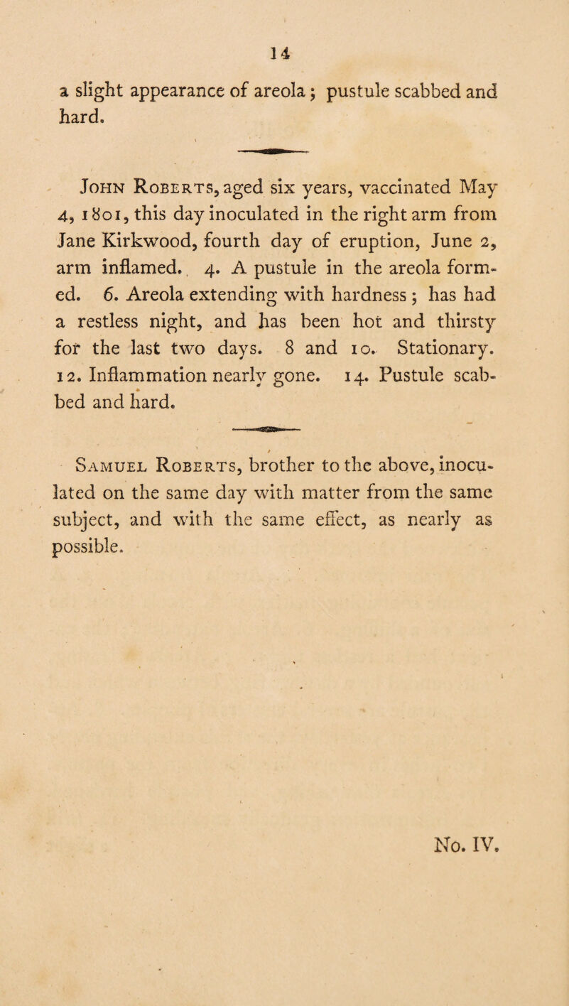 14 a slight appearance of areola; pustule scabbed and hard. John Roberts, aged six years, vaccinated May 4, 1801, this day inoculated in the right arm from Jane Kirkwood, fourth day of eruption, June 2, arm inflamed. 4. A pustule in the areola form¬ ed. 6. Areola extending with hardness; has had a restless night, and has been hot and thirsty for the last two days. 8 and 10. Stationary. 12. Inflammation nearly gone. 14. Pustule scab- bed and hard. / Samuel Roberts, brother to the above, inocu¬ lated on the same day with matter from the same subject, and with the same effect, as nearly as possible.