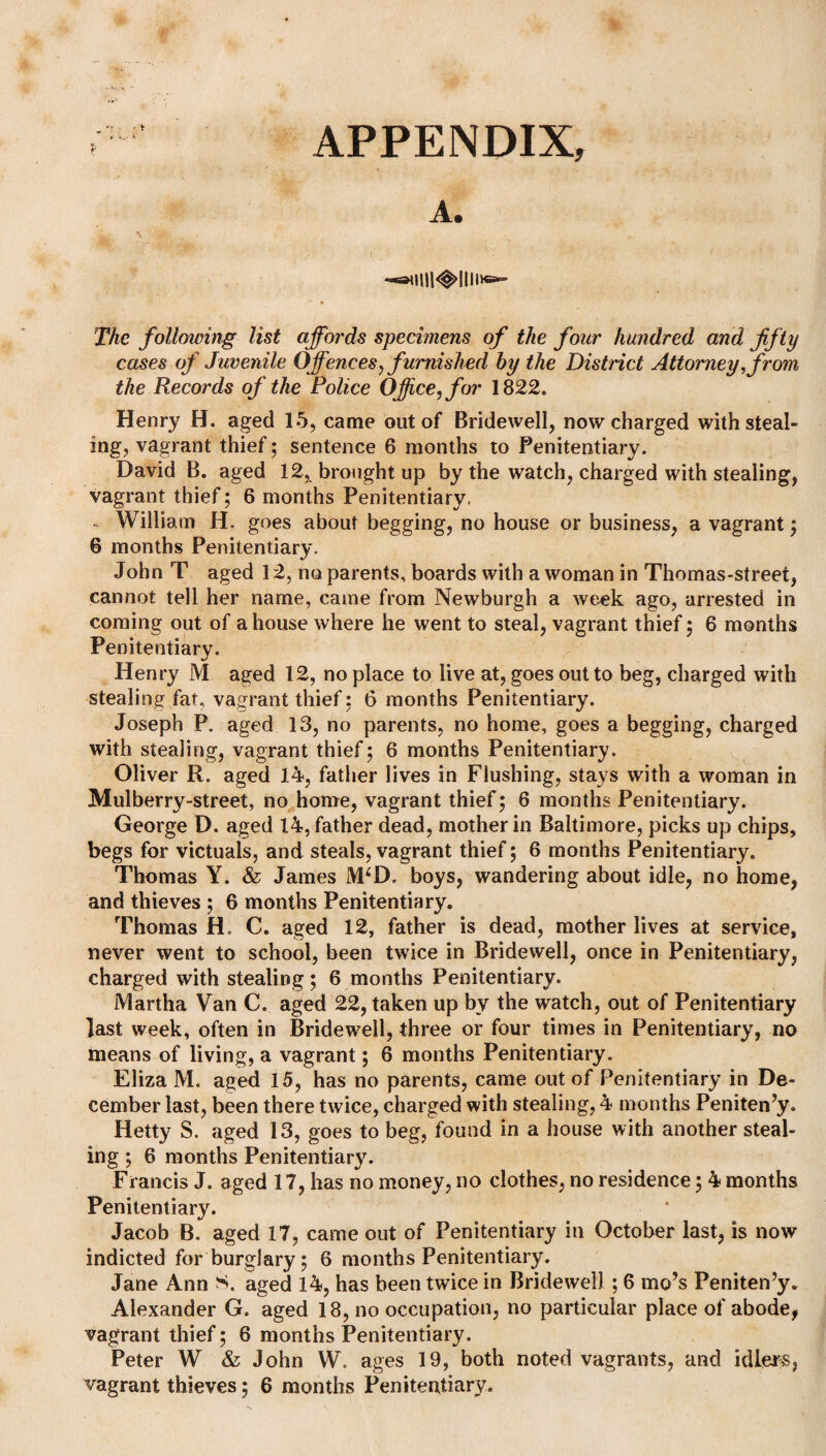 APPENDIX, A. , Mt- *V . The following list affords specimens of the four hundred and fifty cases of Juvenile Offences, furnished by the District Attorney, from the Records of the Police Office, for 1822. Henry H. aged 15, came out of Bridewell, now charged with steal¬ ing, vagrant thief; sentence 6 months to Penitentiary. David B. aged 12, brought up by the watch, charged with stealing, vagrant thief; 6 months Penitentiary, .. William H. goes about begging, no house or business, a vagrant; 6 months Penitentiary. John T aged 12, no parents, boards with a woman in Thomas-street, cannot tell her name, came from Newburgh a week ago, arrested in coming out of a house where he went to steal, vagrant thief; 6 months Penitentiary. Henry M aged 12, no place to live at, goes out to beg, charged with stealing fat, vagrant thief: 6 months Penitentiary. Joseph P. aged 13, no parents, no home, goes a begging, charged with stealing, vagrant thief; 6 months Penitentiary. Oliver R. aged 14, father lives in Flushing, stays with a woman in Mulberry-street, no home, vagrant thief; 6 months Penitentiary. George D. aged 14, father dead, mother in Baltimore, picks up chips, begs for victuals, and steals, vagrant thief; 6 months Penitentiary. Thomas Y. & James JVFD, boys, wandering about idle, no home, and thieves ; 6 months Penitentiary. Thomas H. C. aged 12, father is dead, mother lives at service, never went to school, been twice in Bridewell, once in Penitentiary, charged with stealing; 6 months Penitentiary. Martha Van C. aged 22, taken up by the watch, out of Penitentiary last week, often in Bridewell, three or four times in Penitentiary, no means of living, a vagrant; 6 months Penitentiary. Eliza M. aged 15, has no parents, came out of Penitentiary in De¬ cember last, been there twice, charged with stealing, 4 months Peniten’y. Hetty S. aged 13, goes to beg, found in a house with another steal¬ ing ; 6 months Penitentiary. Francis J. aged 17, has no money, no clothes, no residence; 4 months Penitentiary. Jacob B. aged 17, came out of Penitentiary in October last, is now indicted for burglary; 6 months Penitentiary. Jane Ann S. aged 14, has been twice in Bridewell; 6 mo’s Peniten’y. Alexander G. aged 18, no occupation, no particular place of abode, vagrant thief; 6 months Penitentiary. Peter W & John W. ages 19, both noted vagrants, and idlers, vagrant thieves; 6 months Penitentiary. r* • r < •*