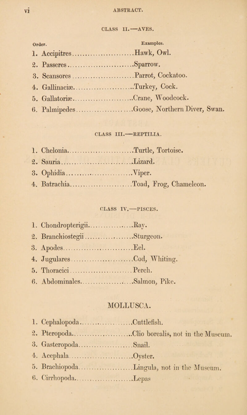 CLASS II.—AVES. Order. Examples. 1. Accipitres...Hawk, Owl. 2. Passeres.Sparrow. 3. Scansores.Parrot, Cockatoo. 4. Gallinacise.Turkey, Cock. 5. Gallatoriae...Crane, Woodcock. 6. Palmipedes.,.. .Goose, Northern Diver, Swan. CLASS III.-REPTILIA. 1. Chelonia.Turtle, Tortoise. 2. Sauria...Lizard. 3. Ophidia...Yiper. 4. Batrachia.Toad, Prog, Chameleon. CLASS IV.-PISCES. 1. Chondropterigii.Bay. 2. Branchiostegii.Sturgeon. 3. Apodes.....Eel. 4. Jugulares.Cod, Whiting. 5. Thoracici.Perch. 6. Abdominales.Salmon, Pike. MOLLUSCA. 1. Cephalopoda.Cuttlefish. 2. Pteropoda.Clio borealis, not in the Museum. 3. Gasteropoda.Snail. 4. Acepliala.Oyster. 5. Bracliiopoda.Lingula, not in the Museum. fi. Cirrhopoda.Lepas