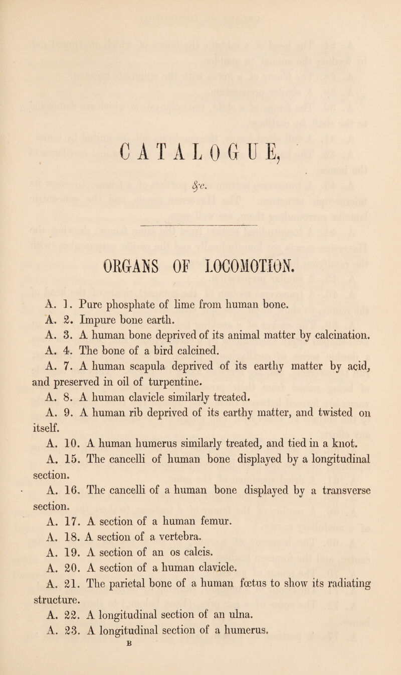 C A T A L 0 G U E, ORGANS OF LOCOMOTION. A. 1. Pare phosphate of lime from human bone. A. 2. Impure bone earth. A. 3. A human bone deprived of its animal matter by calcination. A. 4. The bone of a bird calcined. A. 7. A human scapula deprived of its earthy matter by acid, and preserved in oil of turpentine. A. 8. A human clavicle similarly treated. A. 9. A human rib deprived of its earthy matter, and twisted on itself. A. 10. A human humerus similarly treated, and tied in a knot. A. 15. The cancelli of human bone displayed by a longitudinal section. A. 16. The cancelli of a human bone displayed by a transverse section. A. 17. A section of a human femur. A. 18. A section of a vertebra. A. 19. A section of an os calcis. A. 20. A section of a human clavicle. A. 21. The parietal bone of a human foetus to show its radiating structure. A. 22. A longitudinal section of an ulna. A. 23. A longitudinal section of a humerus, B